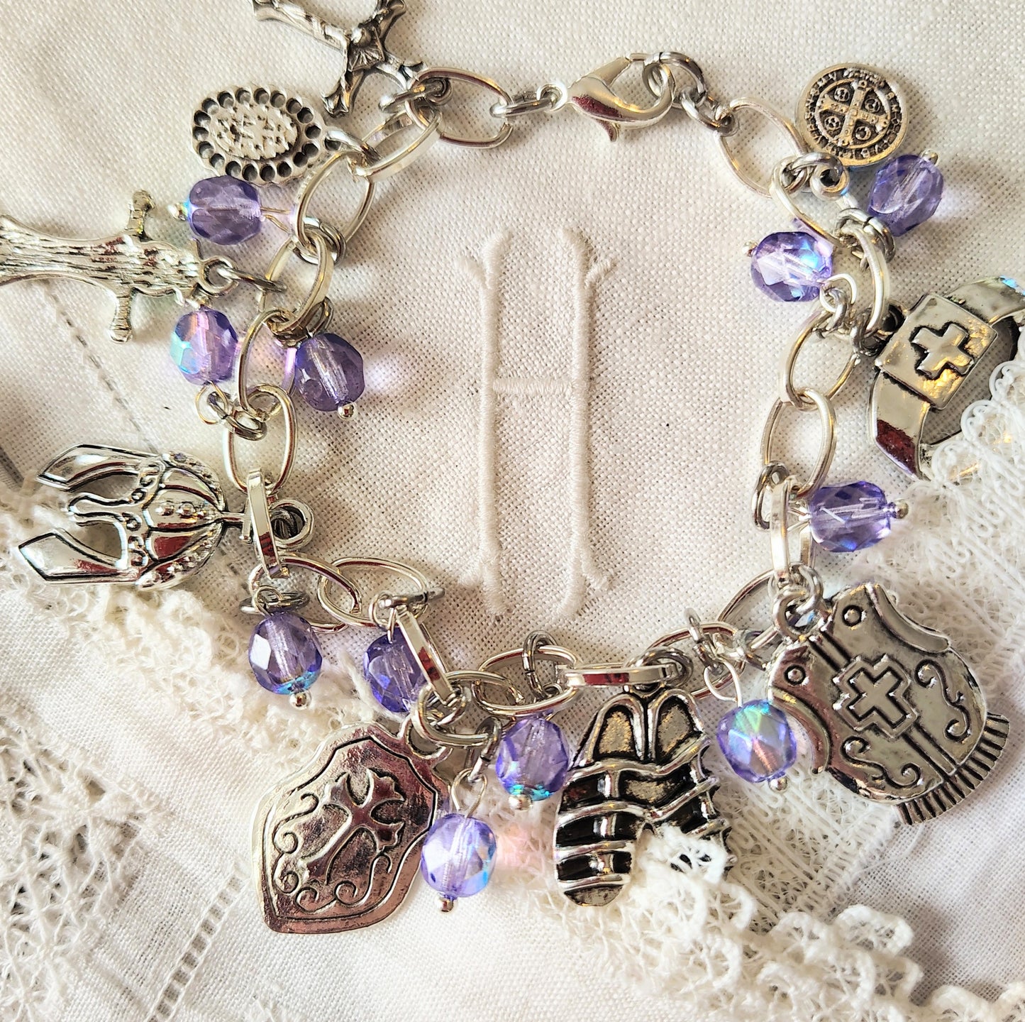 Custom Catholic Full Armor Of God Charm bracelet fire polished Czech crystal beads choose bead color bracelet size mirac. medal st Benedict.