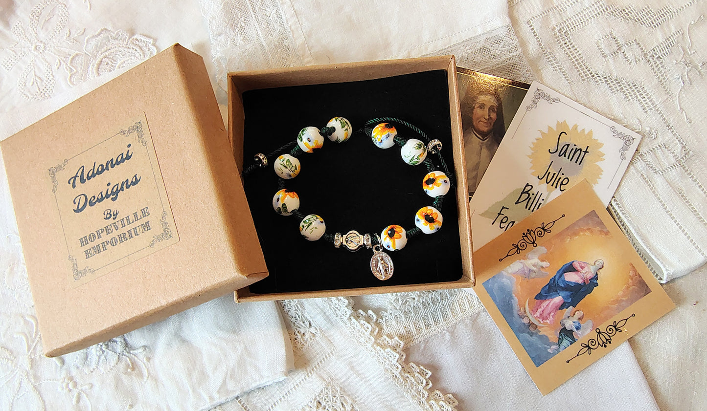 Hand Knotted Saint Julie Sunflower Rosary Bracelet