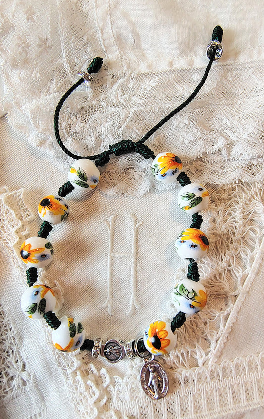 Hand Knotted Saint Julie Sunflower Rosary Bracelet