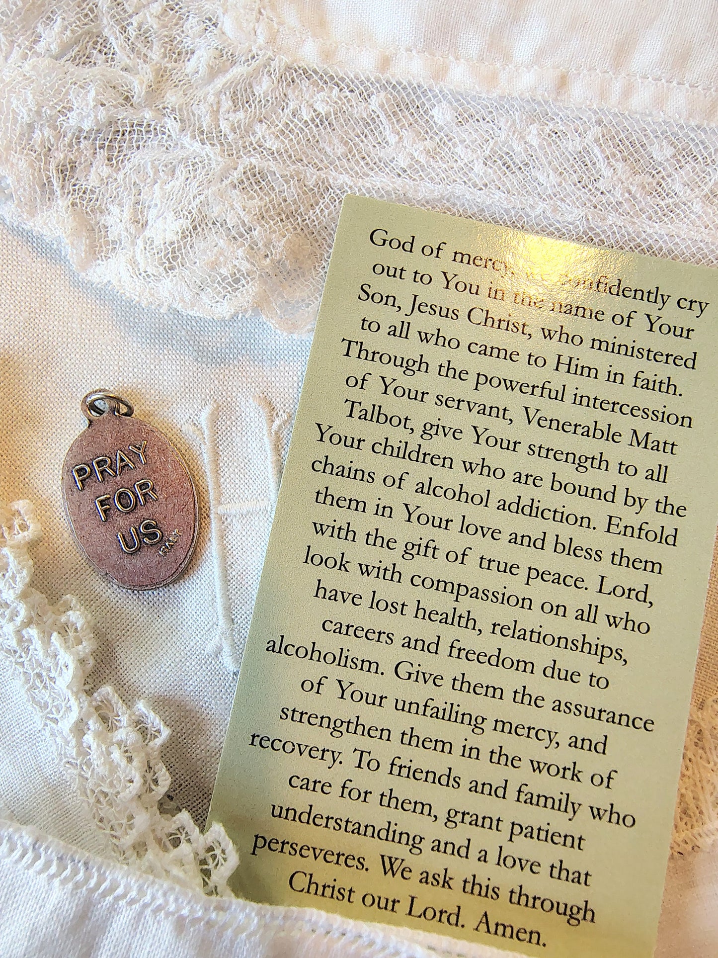 Venerable Matt Talbot medal and prayer card set sobriety charm patron saint of alcohol addiction recovery. Prayer key-chain jewelry charm.
