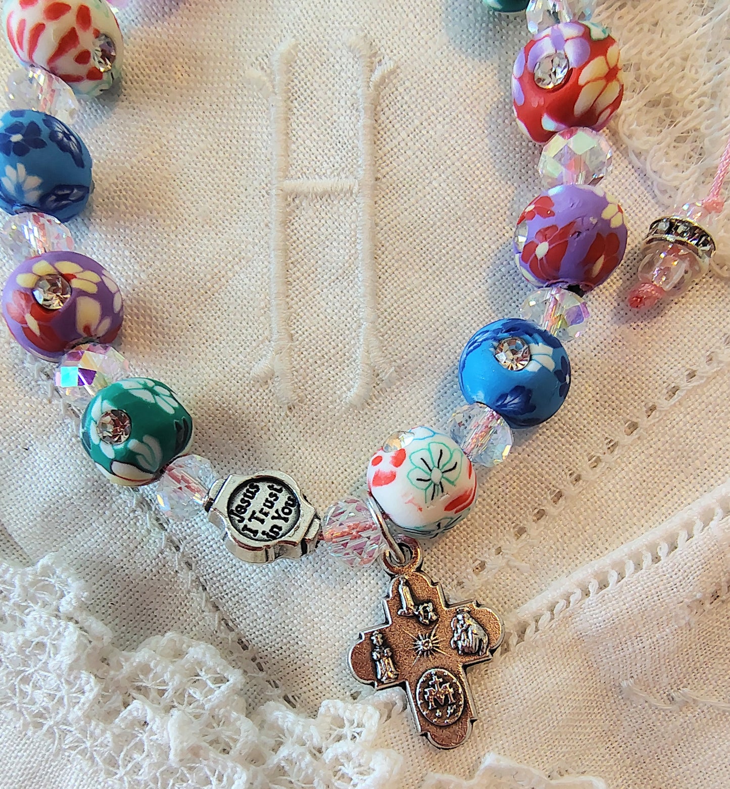 Scapular medal and Divine Mercy Bead rhinestone studded cross w/polymer clay floral beads, 4mm Crystal AB rondelles, pink nylon .5mm cord
