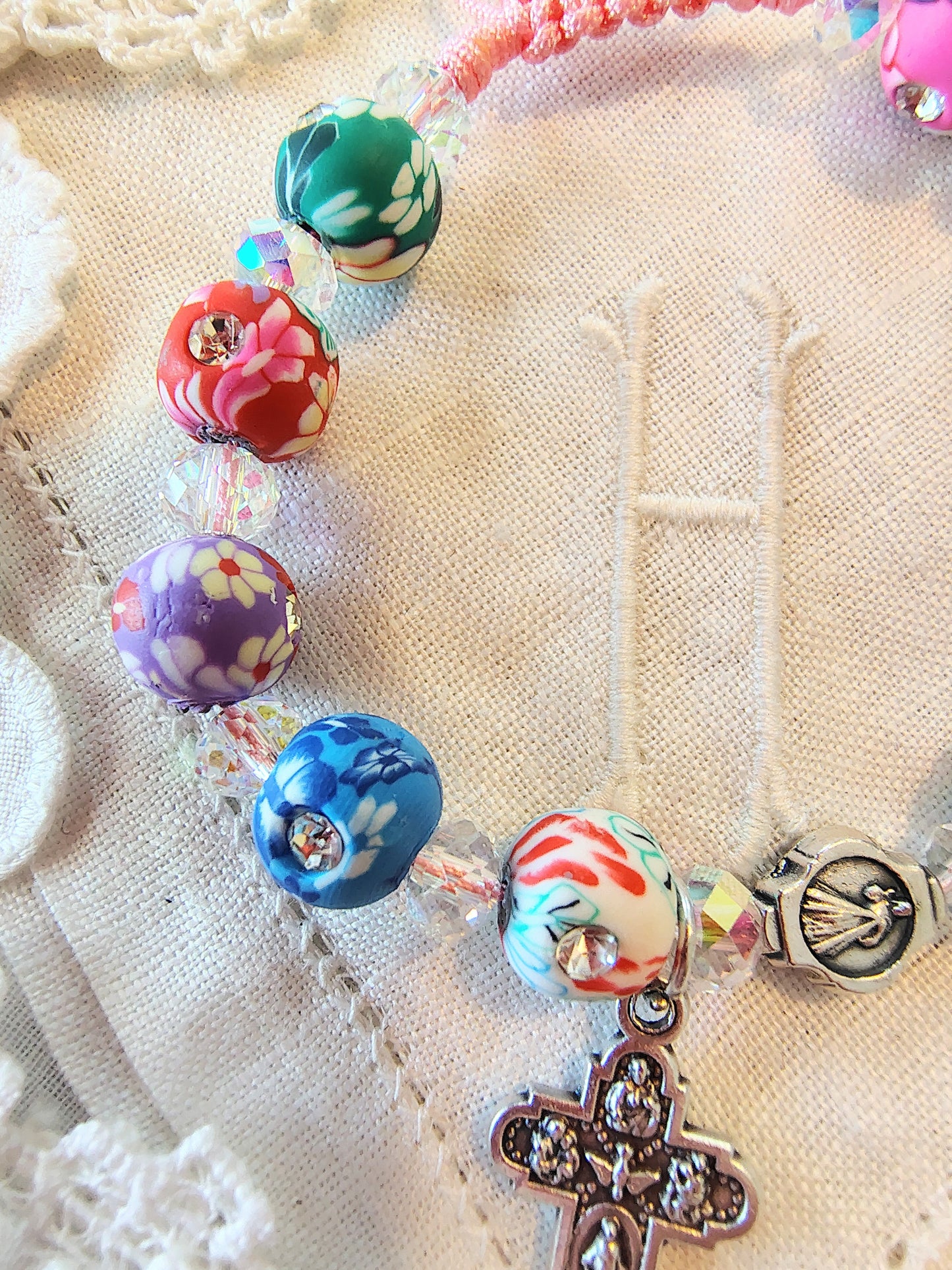 Scapular medal and Divine Mercy Bead rhinestone studded cross w/polymer clay floral beads, 4mm Crystal AB rondelles, pink nylon .5mm cord