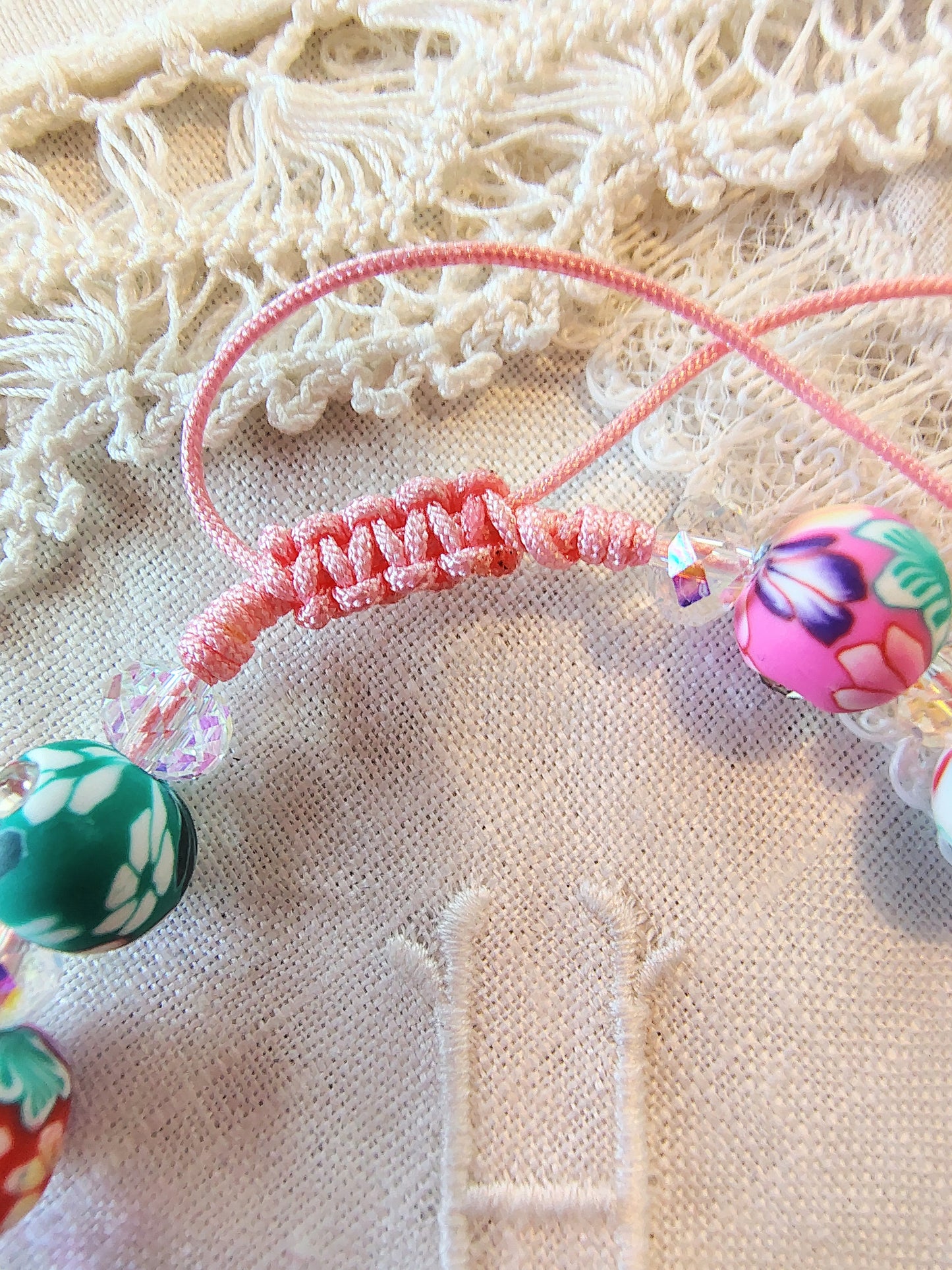 Scapular medal and Divine Mercy Bead rhinestone studded cross w/polymer clay floral beads, 4mm Crystal AB rondelles, pink nylon .5mm cord