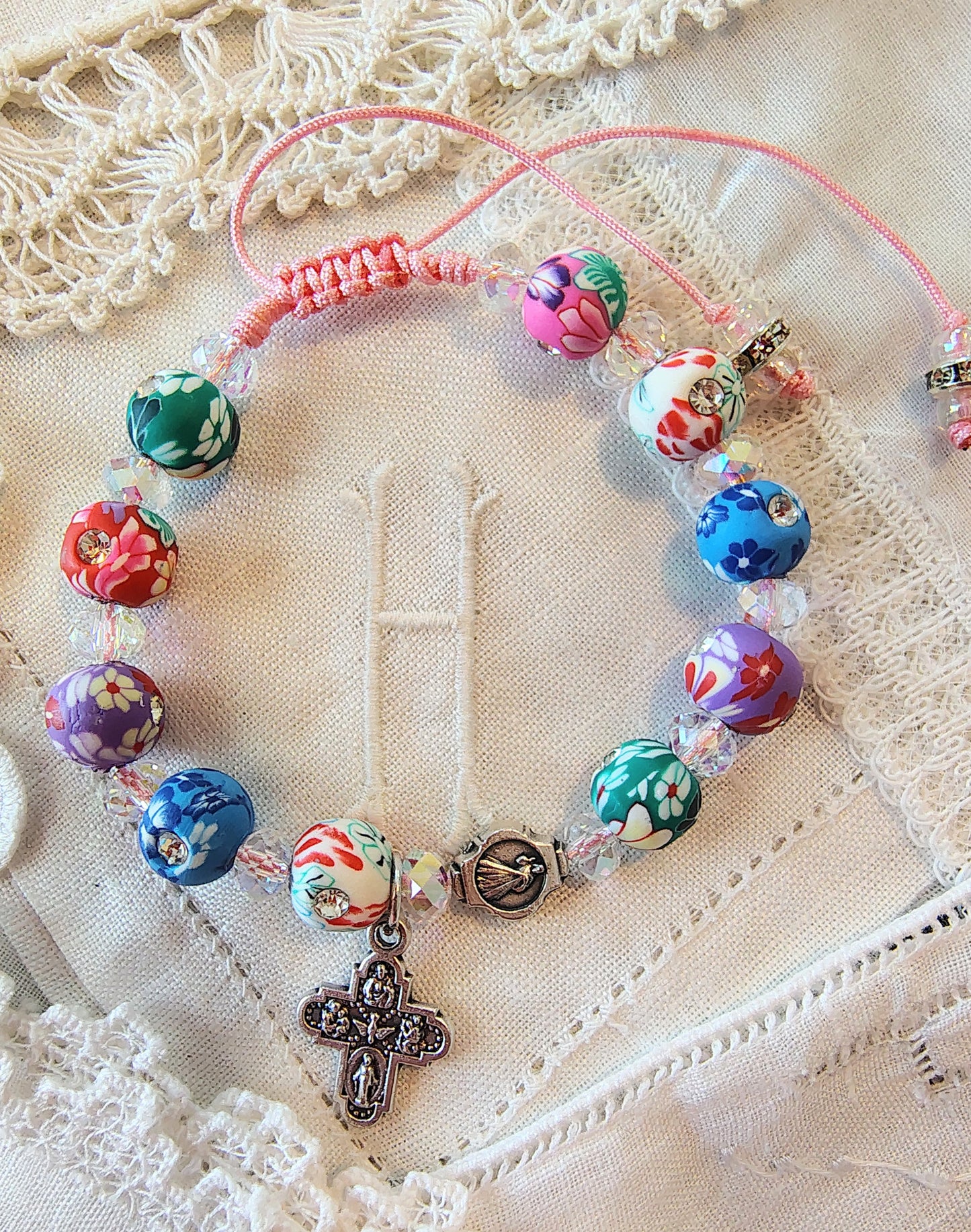Scapular medal and Divine Mercy Bead rhinestone studded cross w/polymer clay floral beads, 4mm Crystal AB rondelles, pink nylon .5mm cord
