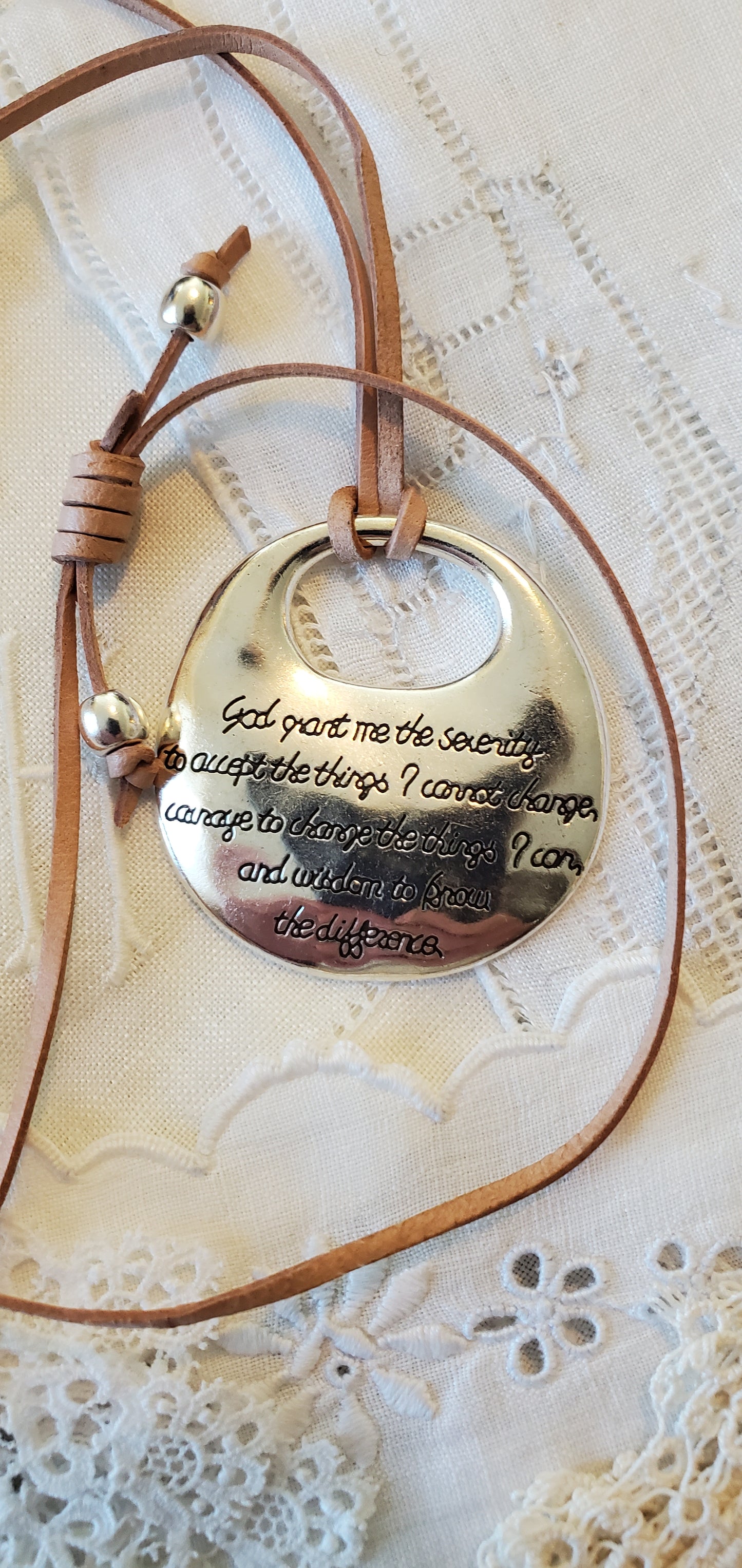 Serenity Prayer Pendant with Adjustable Leather Cord