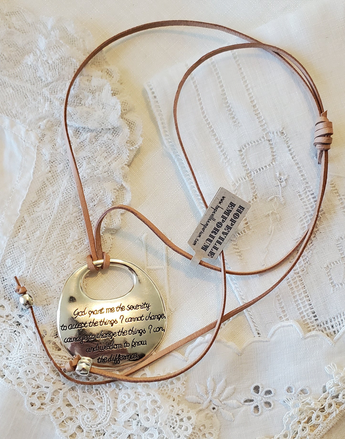 Serenity Prayer Pendant with Adjustable Leather Cord