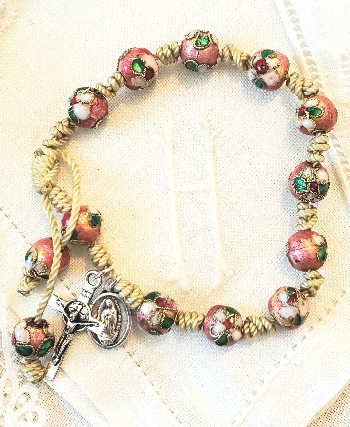 Hand knotted Rosary Bracelet cloisonne beads Jesus of Divine Mercy Our Lady Of Guadalupe medal Saint Benedict Crucifix single decade Tenner
