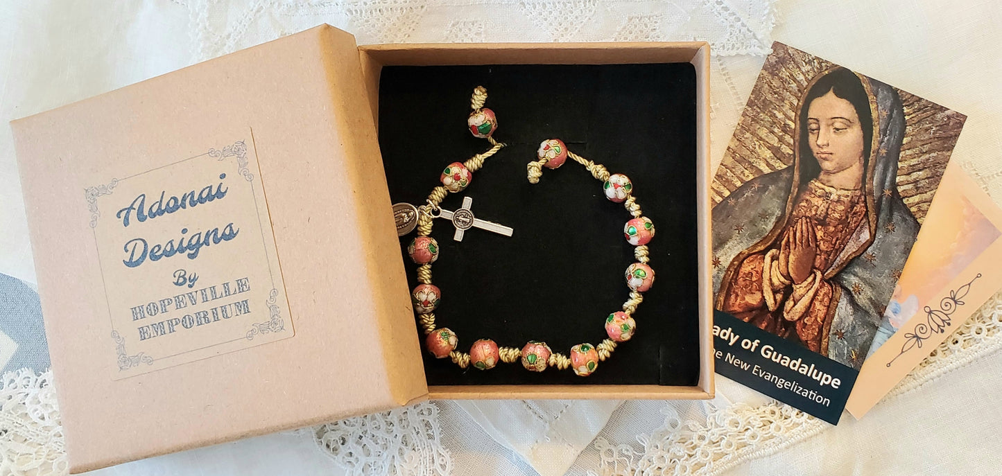 Hand knotted Rosary Bracelet cloisonne beads Jesus of Divine Mercy Our Lady Of Guadalupe medal Saint Benedict Crucifix single decade Tenner