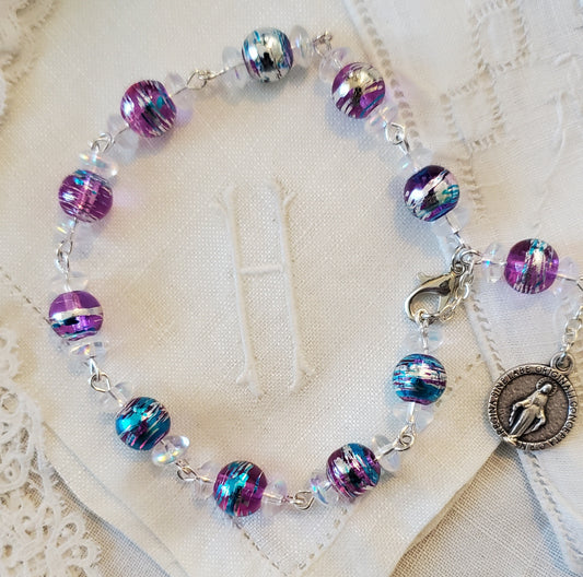 Handmade Linked Purple Drawbench Tenner Rosary Bracelet with Round Miraculous Medal