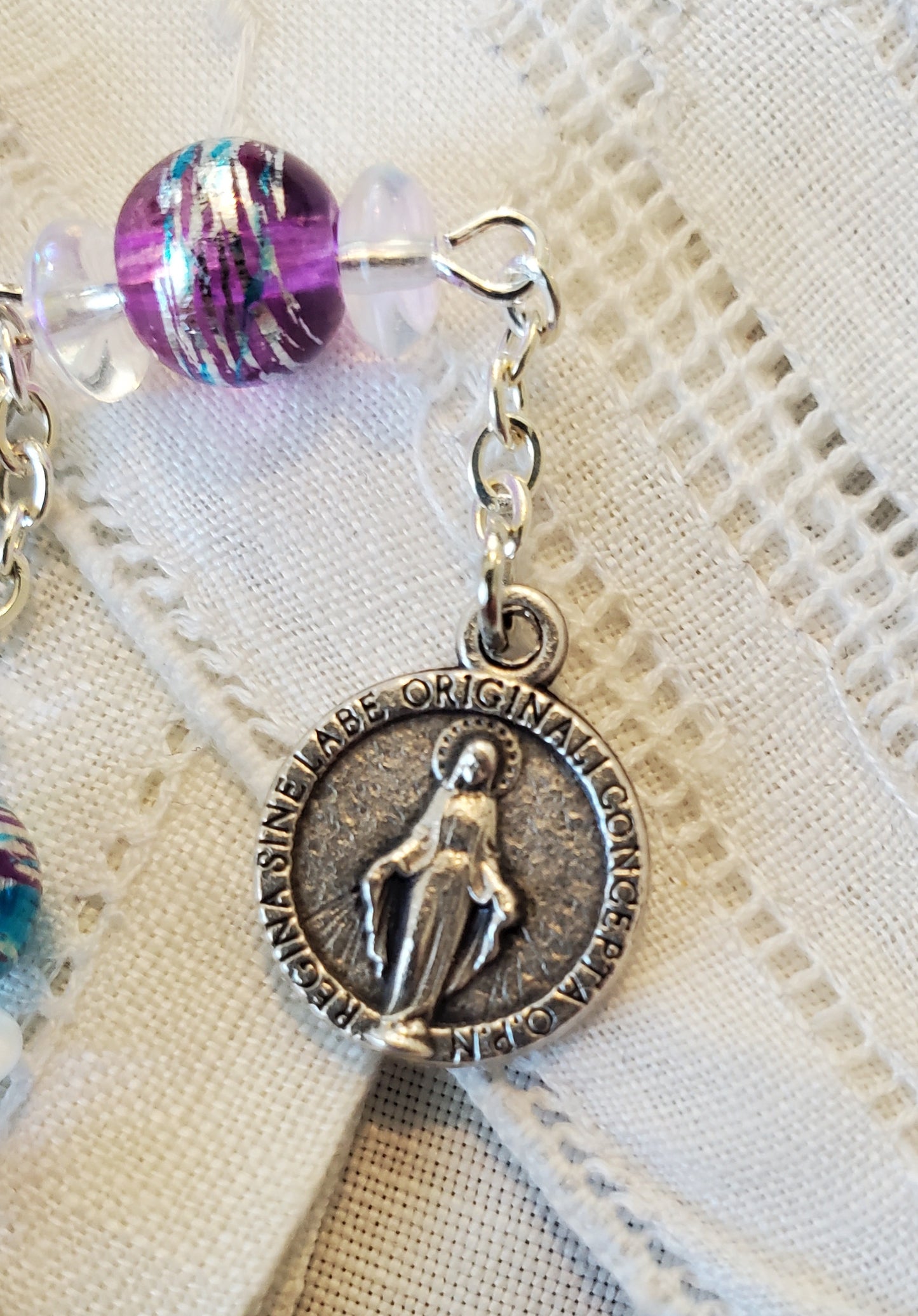 Handmade Linked Purple Drawbench Tenner Rosary Bracelet with Round Miraculous Medal