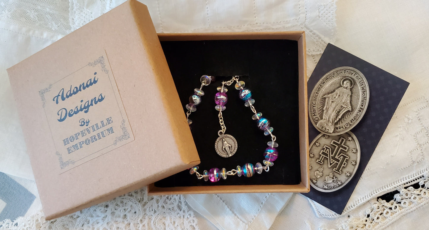 Handmade Linked Purple Drawbench Tenner Rosary Bracelet with Round Miraculous Medal
