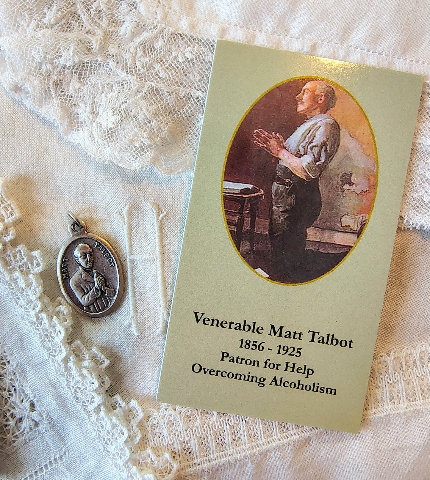 Venerable Matt Talbot medal and prayer card set sobriety charm patron saint of alcohol addiction recovery. Prayer key-chain jewelry charm.