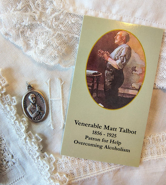 Venerable Matt Talbot medal and prayer card set sobriety charm patron saint of alcohol addiction recovery. Prayer key-chain jewelry charm.