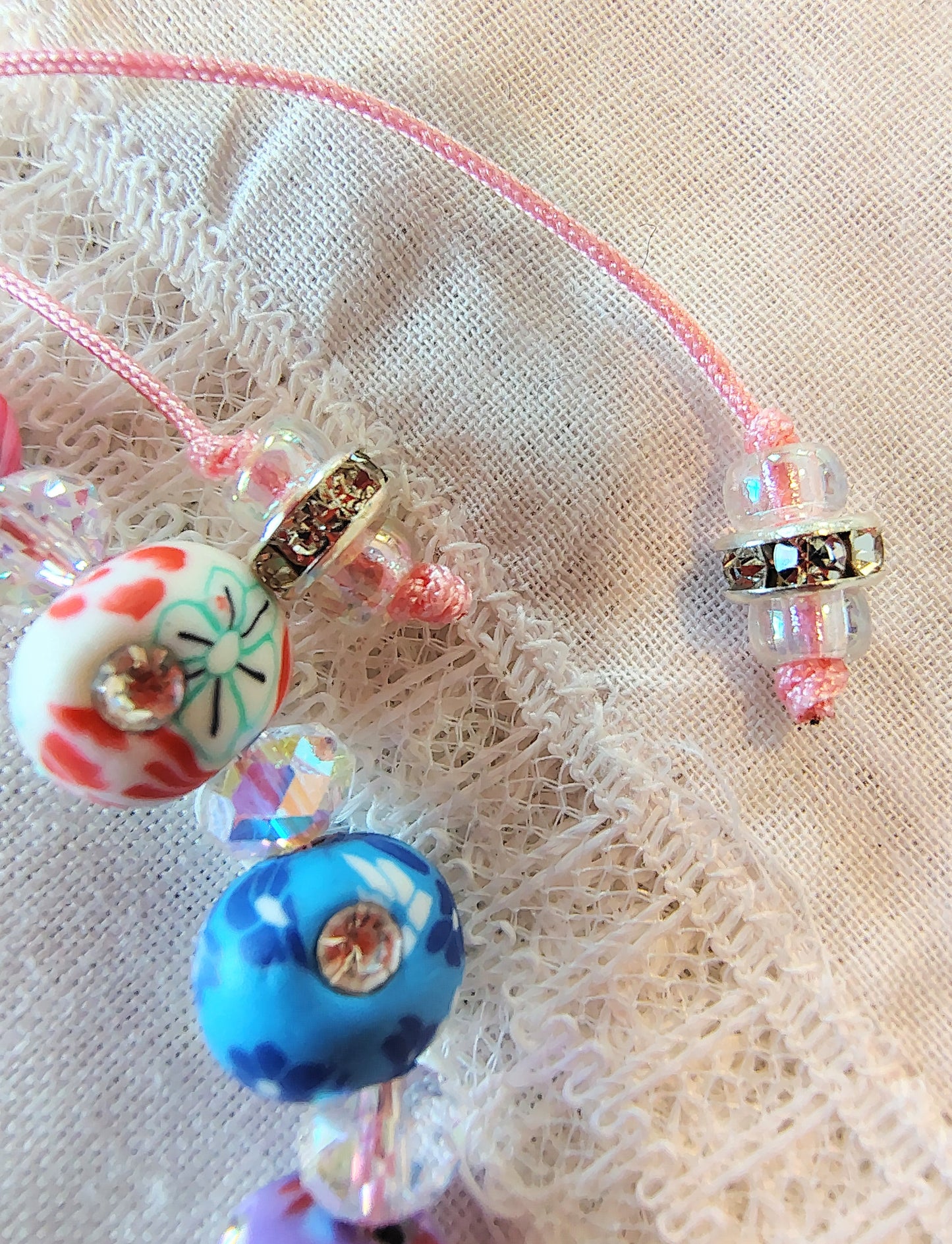Scapular medal and Divine Mercy Bead rhinestone studded cross w/polymer clay floral beads, 4mm Crystal AB rondelles, pink nylon .5mm cord