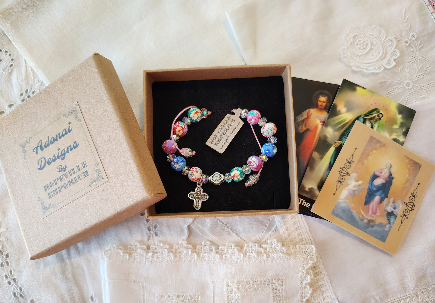 Scapular medal and Divine Mercy Bead rhinestone studded cross w/polymer clay floral beads, 4mm Crystal AB rondelles, pink nylon .5mm cord