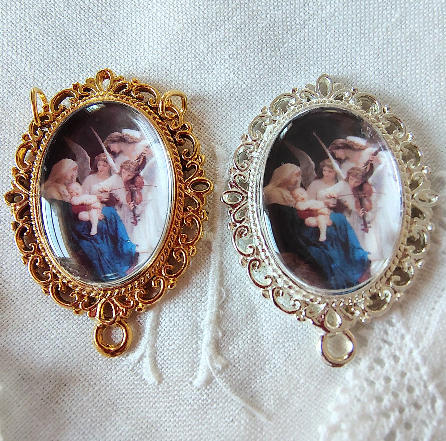 Rosary Centerpiece Bouguereau "Song of the Angels" Catholic Pendant Miniature Sacred Art Silver or Gold Plated Handmade Czech Cabochon