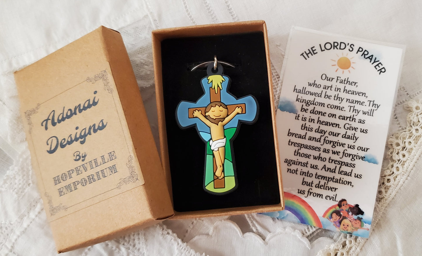 Tiny Devotions Jesus Crucifix Backpack clip keychain charm set devotional first Communion birthday Present Christmas gift Easter toy
