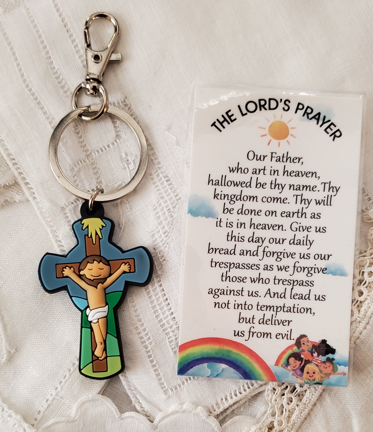 Tiny Devotions Jesus Crucifix Backpack clip keychain charm set devotional first Communion birthday Present Christmas gift Easter toy