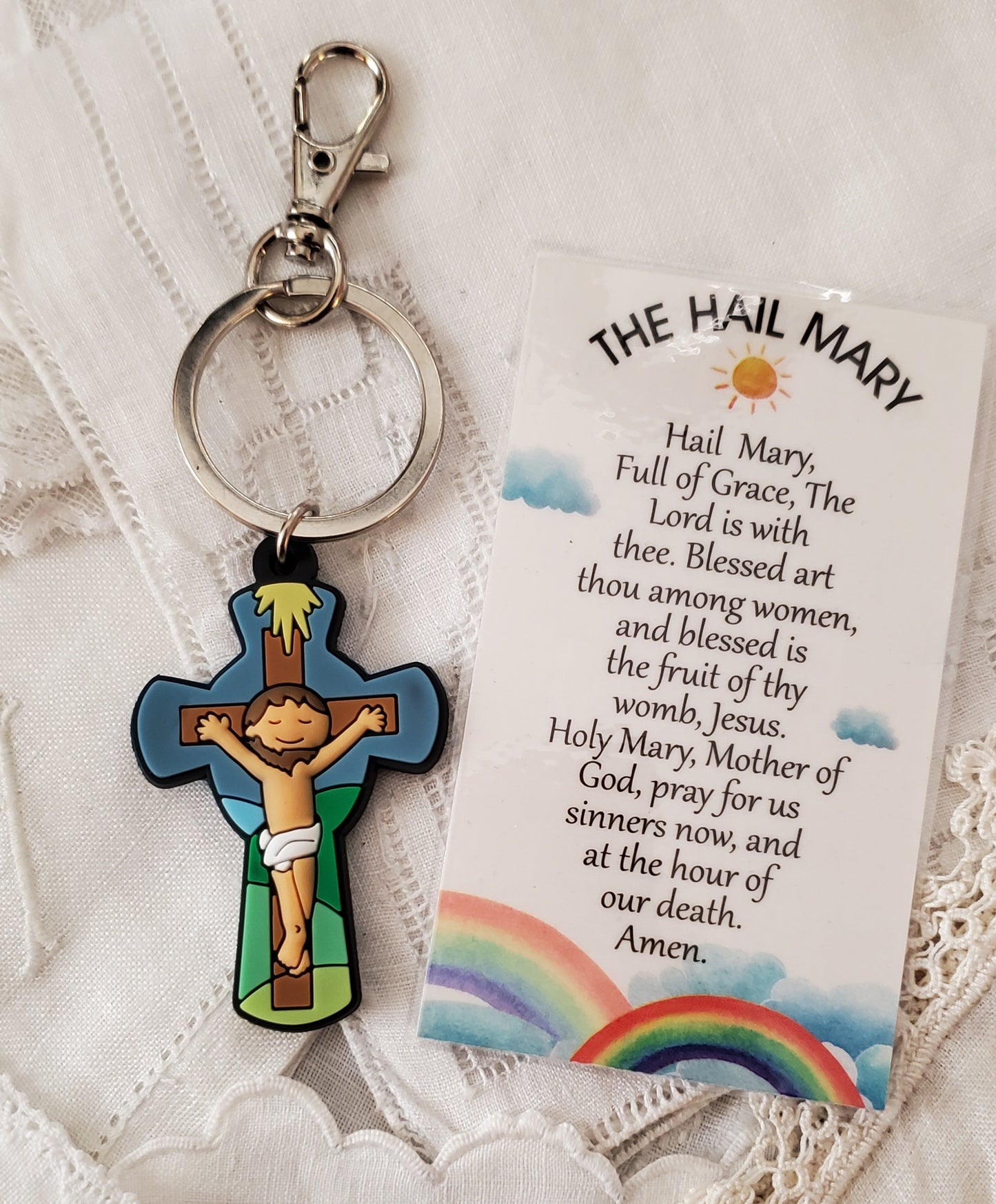 Tiny Devotions Jesus Crucifix Backpack clip keychain charm set devotional first Communion birthday Present Christmas gift Easter toy