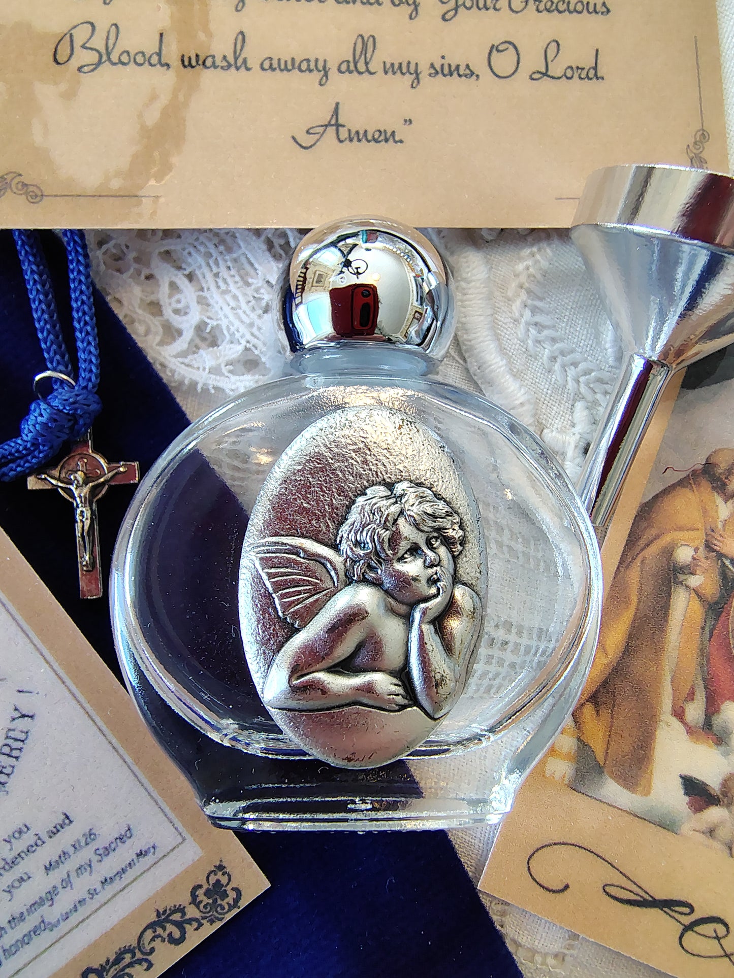 Cherub from the Sistine Chapel by Raphael Holy Water Bottle Gift Set, Catholic present, Aqua Bendita, regalo de Battesimo, Baptism gift, 1st first communion, confirmation keepsake