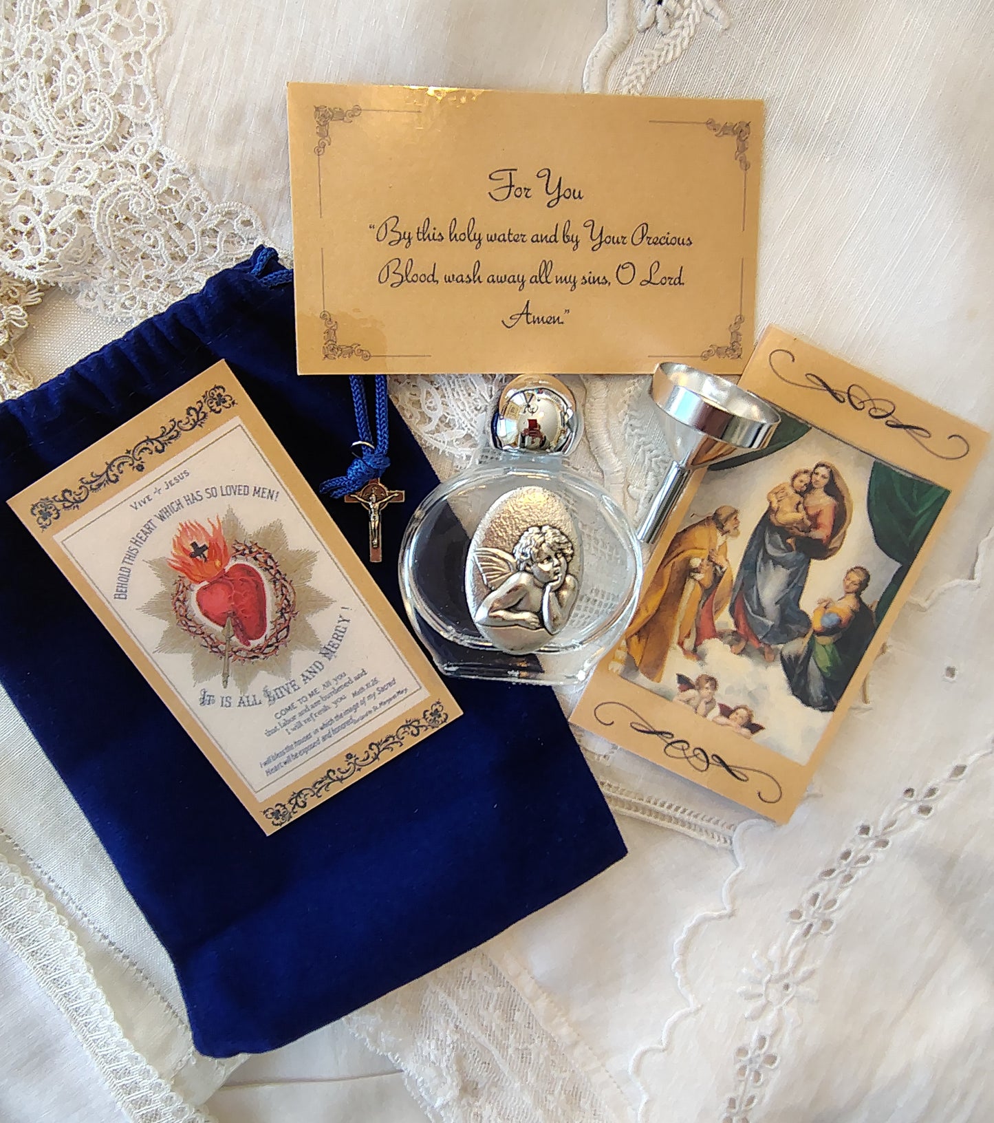 Cherub from the Sistine Chapel by Raphael Holy Water Bottle Gift Set, Catholic present, Aqua Bendita, regalo de Battesimo, Baptism gift, 1st first communion, confirmation keepsake