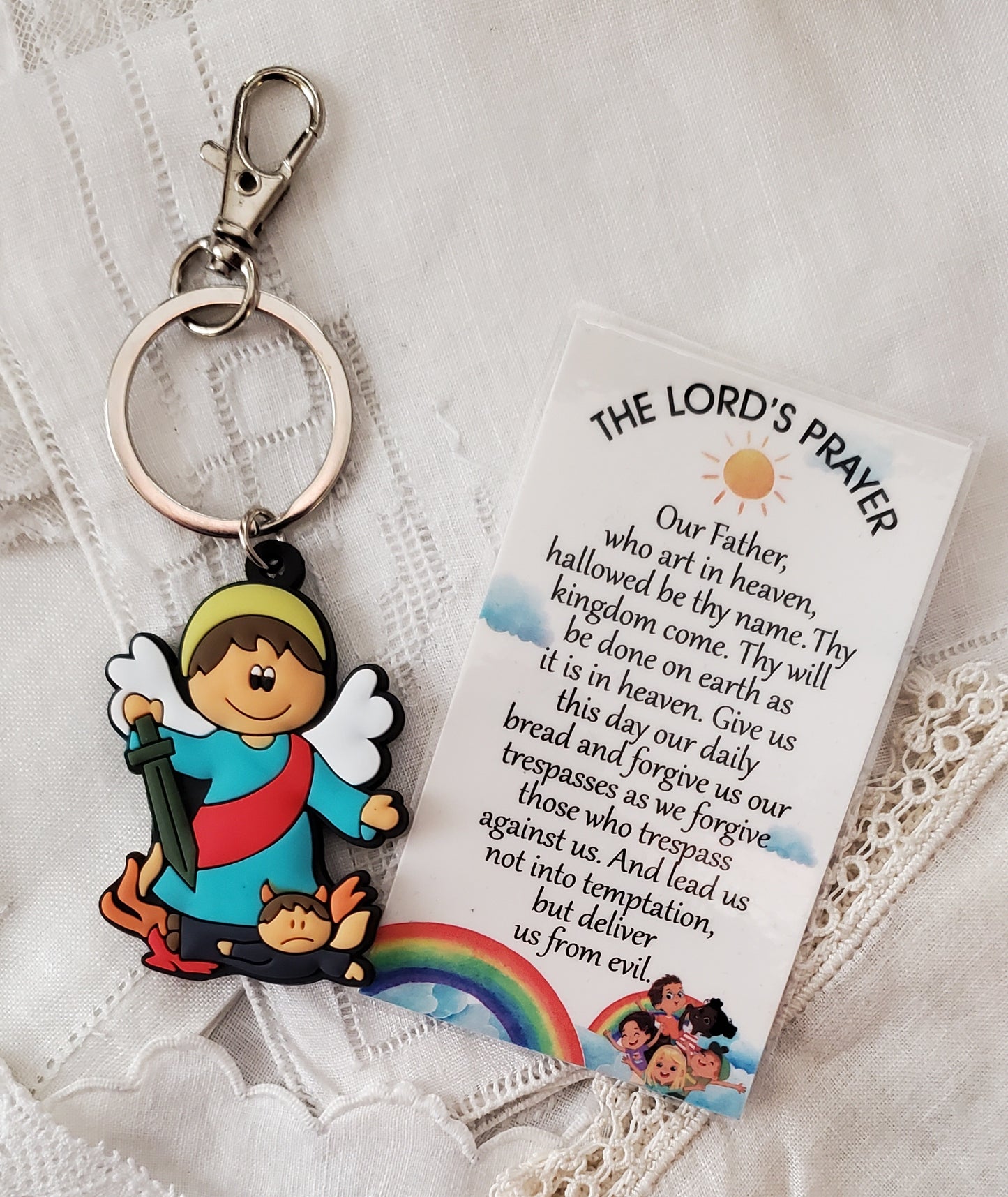 Tiny Devotions Saint Michael the Arch Angel Backpack clip keychain charm devotional 1st Communion birthday Present Christmas gift Easter toy