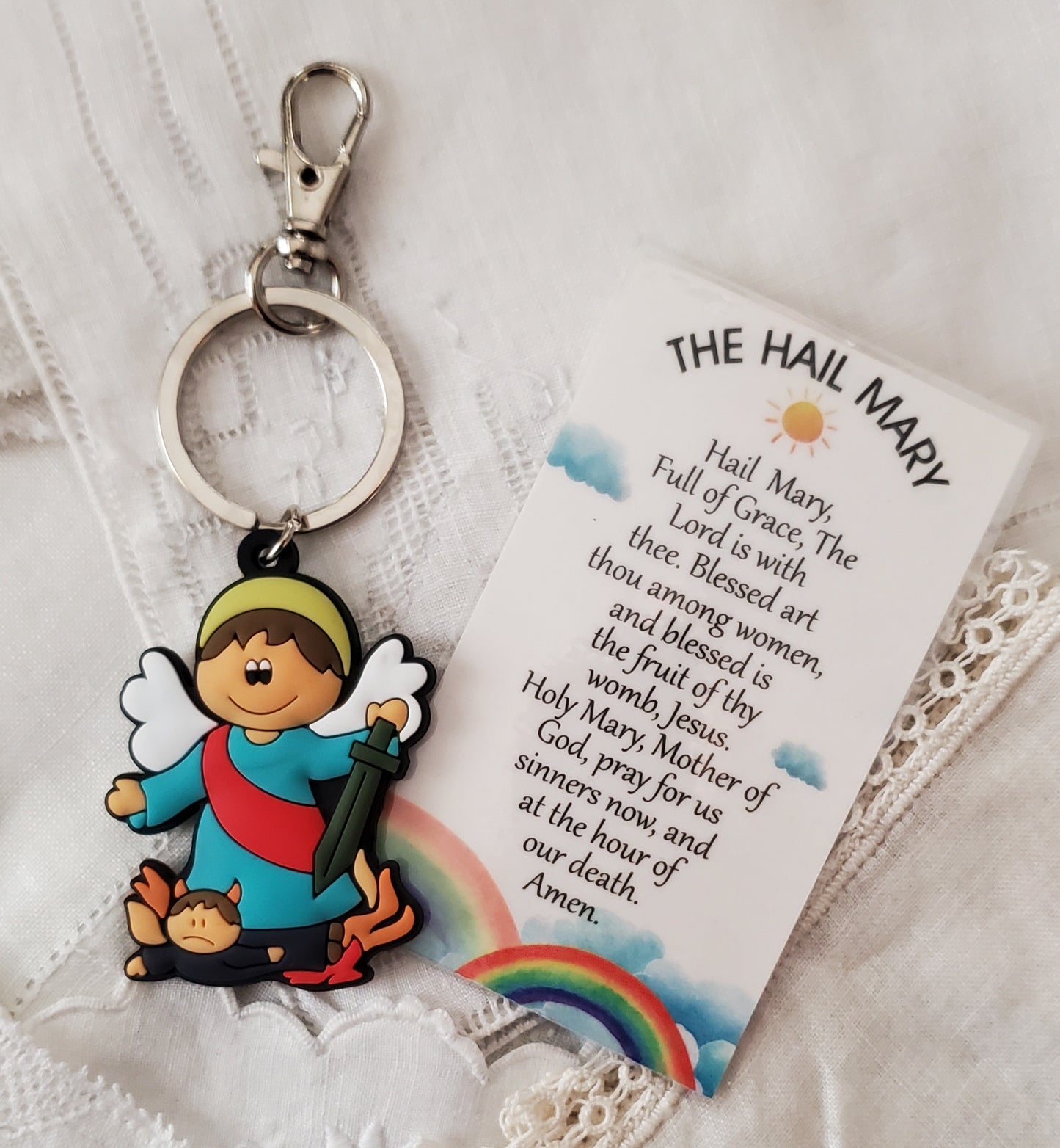 Tiny Devotions Saint Michael the Arch Angel Backpack clip keychain charm devotional 1st Communion birthday Present Christmas gift Easter toy