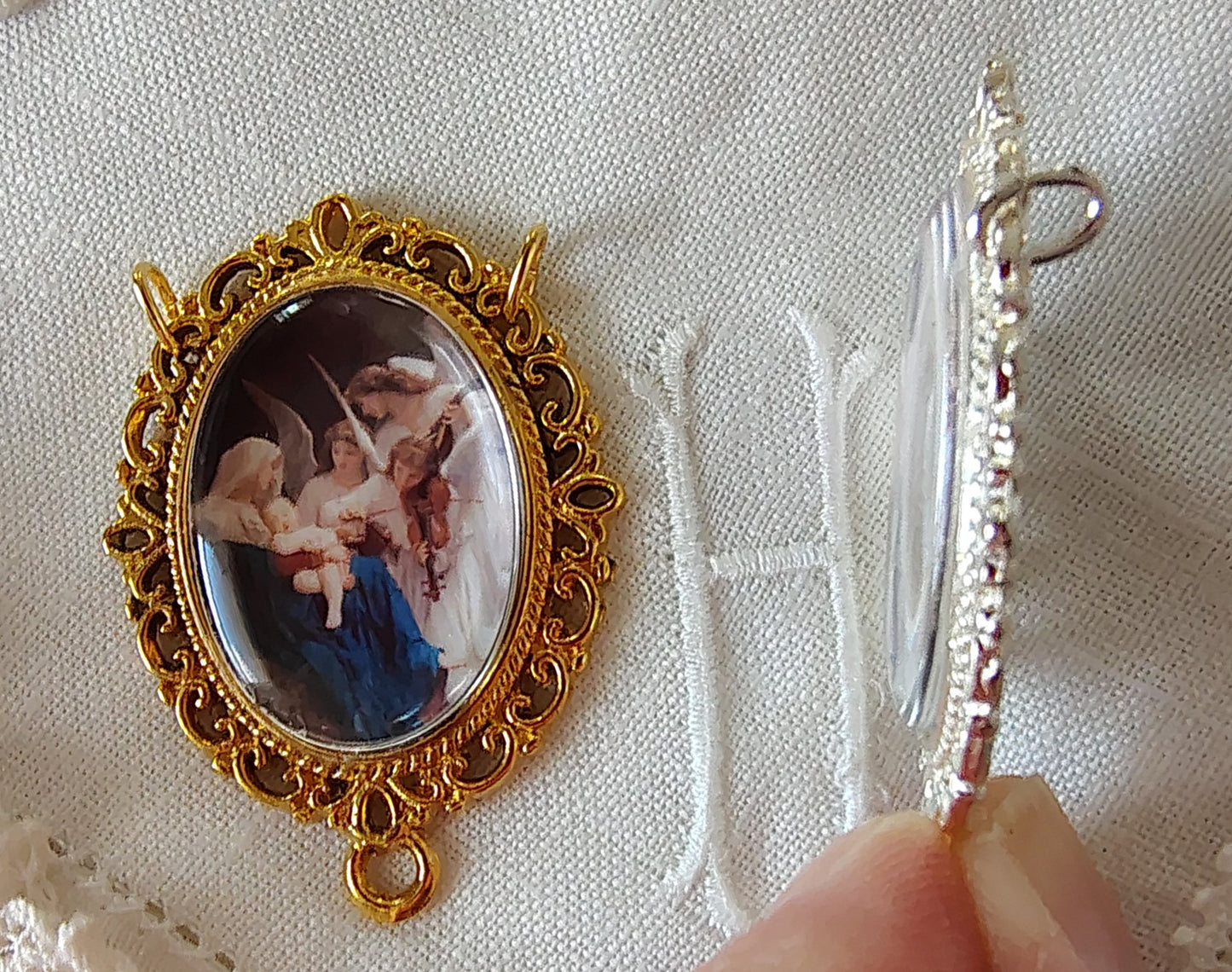 Rosary Centerpiece Bouguereau "Song of the Angels" Catholic Pendant Miniature Sacred Art Silver or Gold Plated Handmade Czech Cabochon