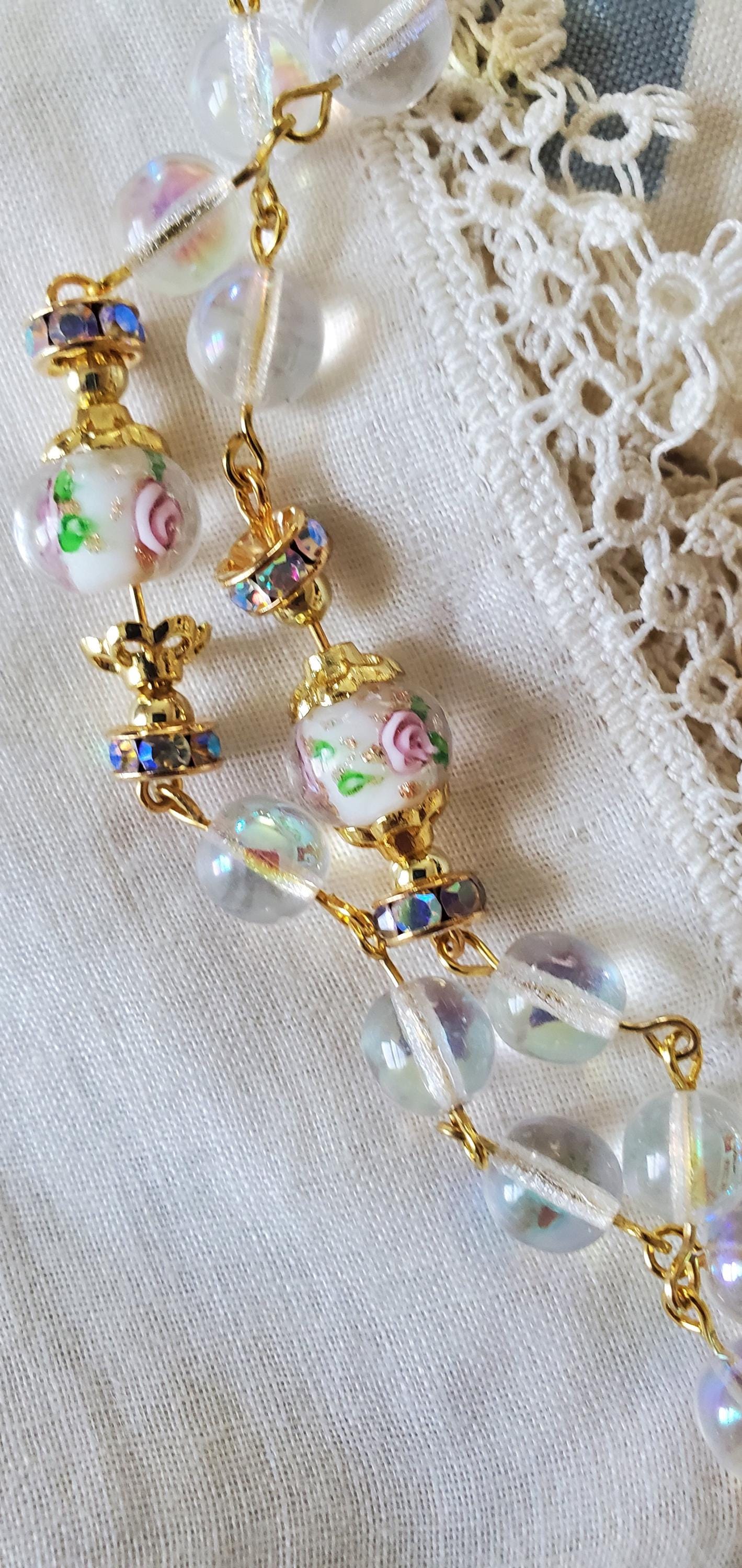 Holy Face Rosary: Rose Lampwork Beads, Gold Pardon Crucifix