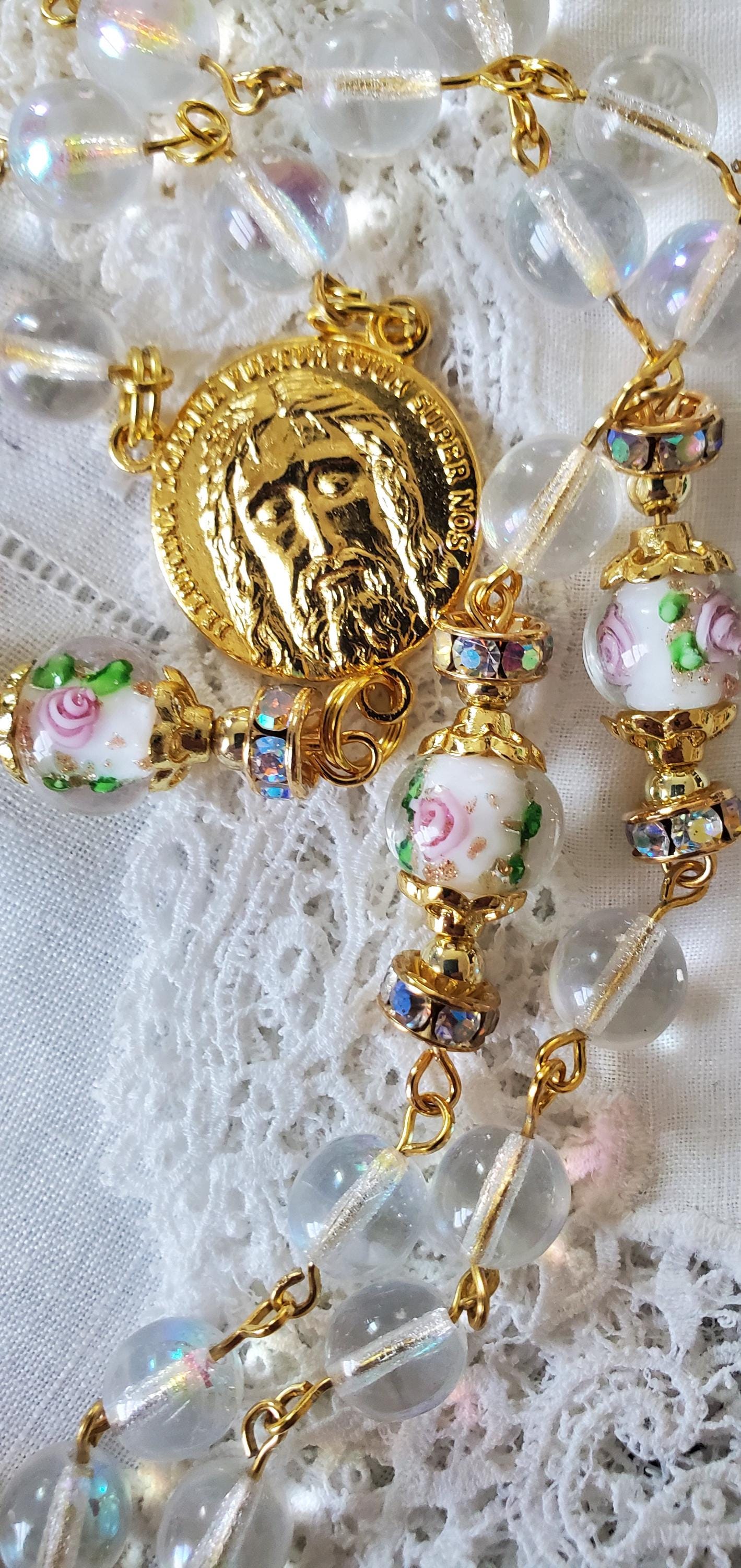 Holy Face Rosary: Rose Lampwork Beads, Gold Pardon Crucifix