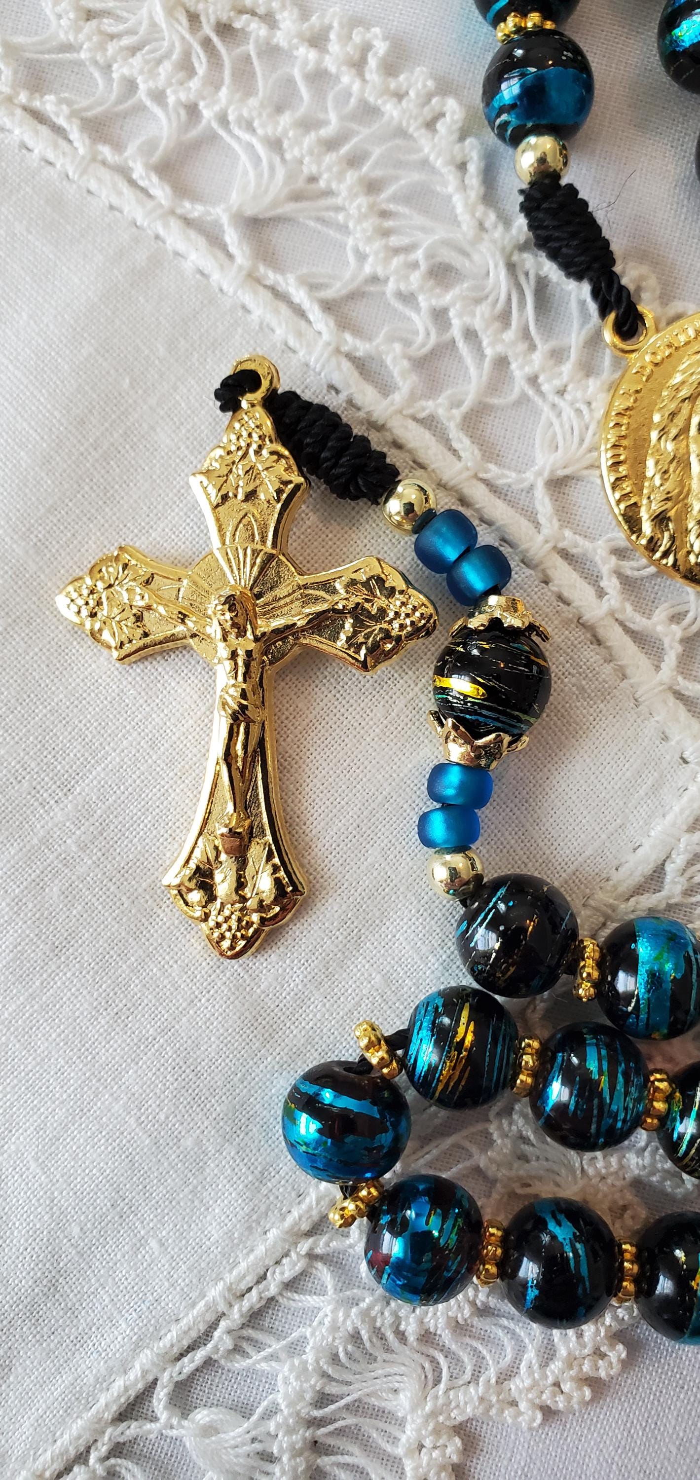 Hand-Knotted Rosary Imported Italian Gold Crucifix, Shroud of Turin Centerpiece Draw bench metallic glass black rosary cord prayer card