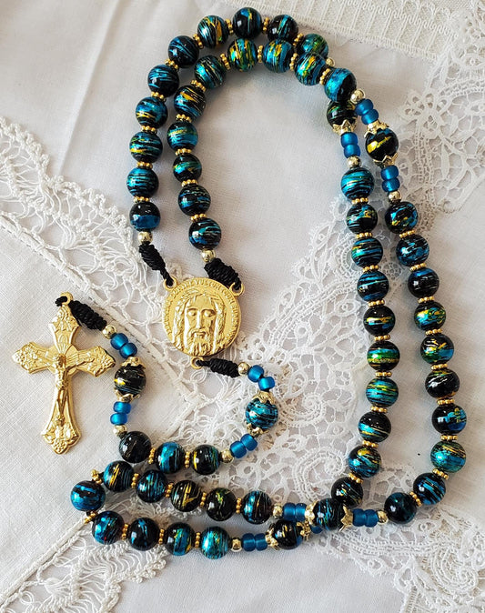 Hand-Knotted Rosary Imported Italian Gold Crucifix, Shroud of Turin Centerpiece Draw bench metallic glass black rosary cord prayer card