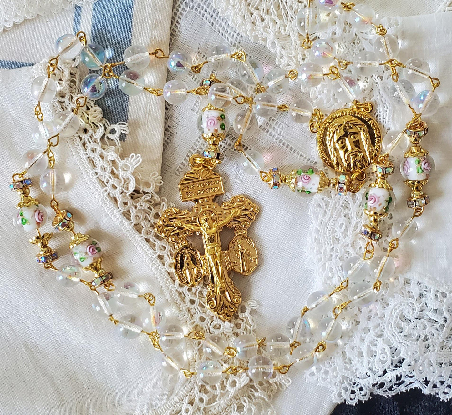 Holy Face Rosary: Rose Lampwork Beads, Gold Pardon Crucifix
