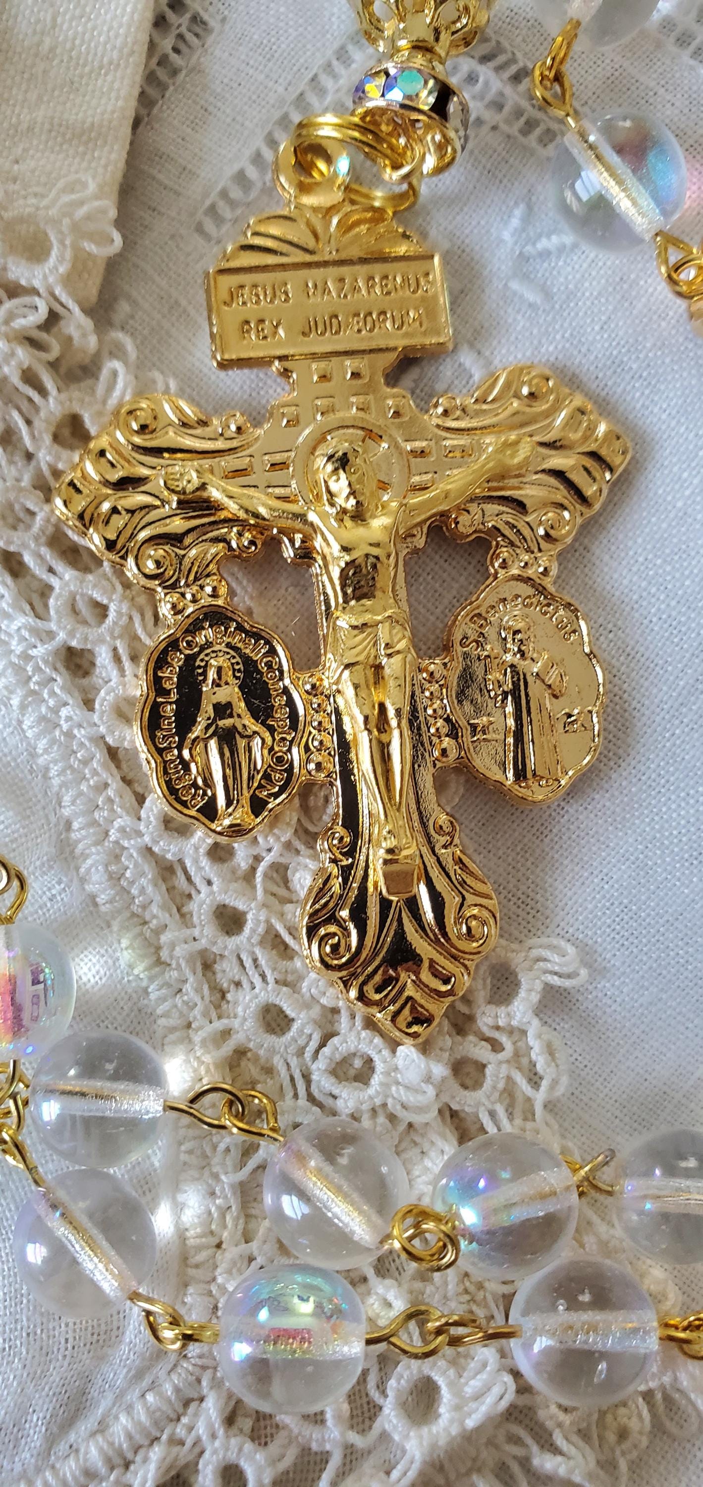 Holy Face Rosary: Rose Lampwork Beads, Gold Pardon Crucifix