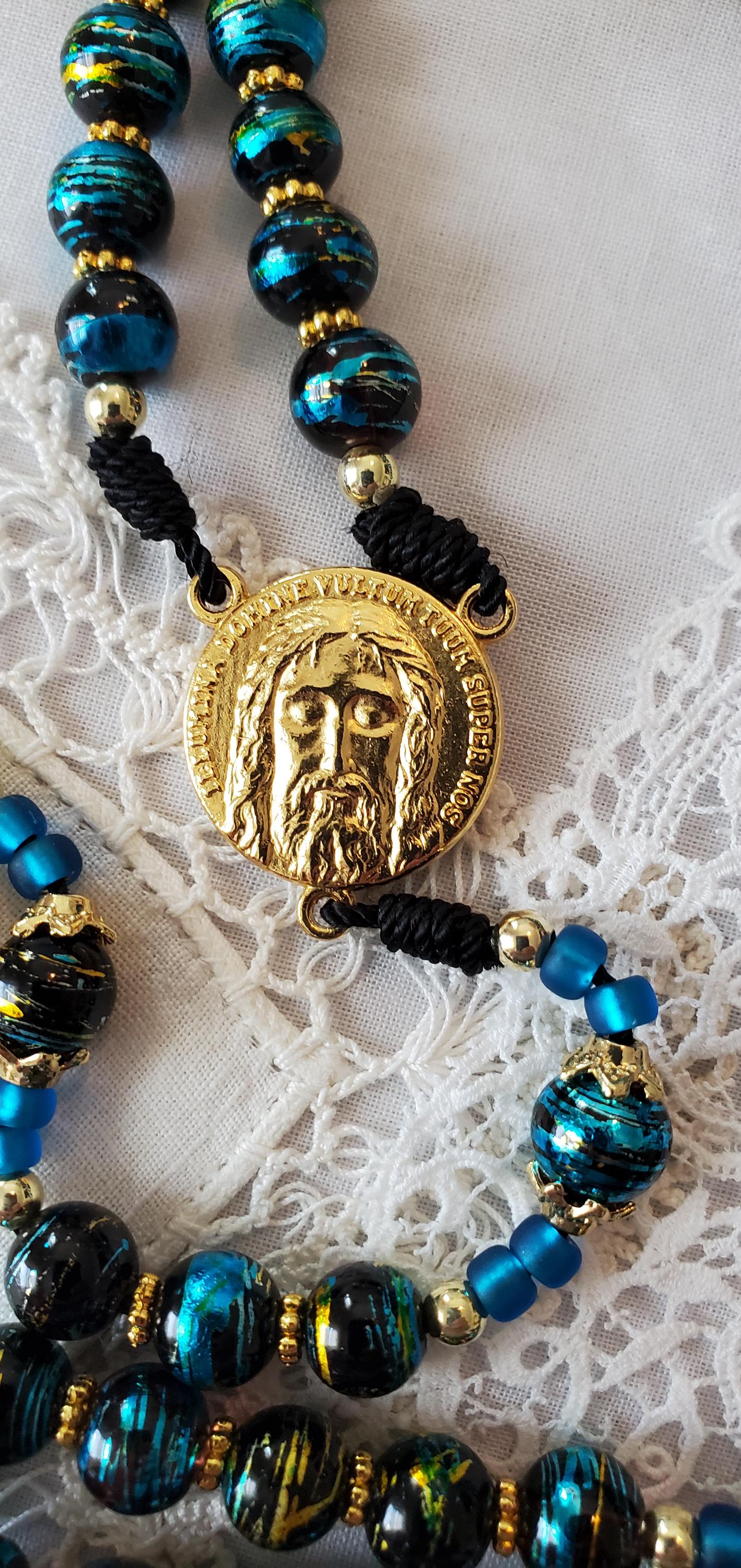 Hand-Knotted Rosary Imported Italian Gold Crucifix, Shroud of Turin Centerpiece Draw bench metallic glass black rosary cord prayer card