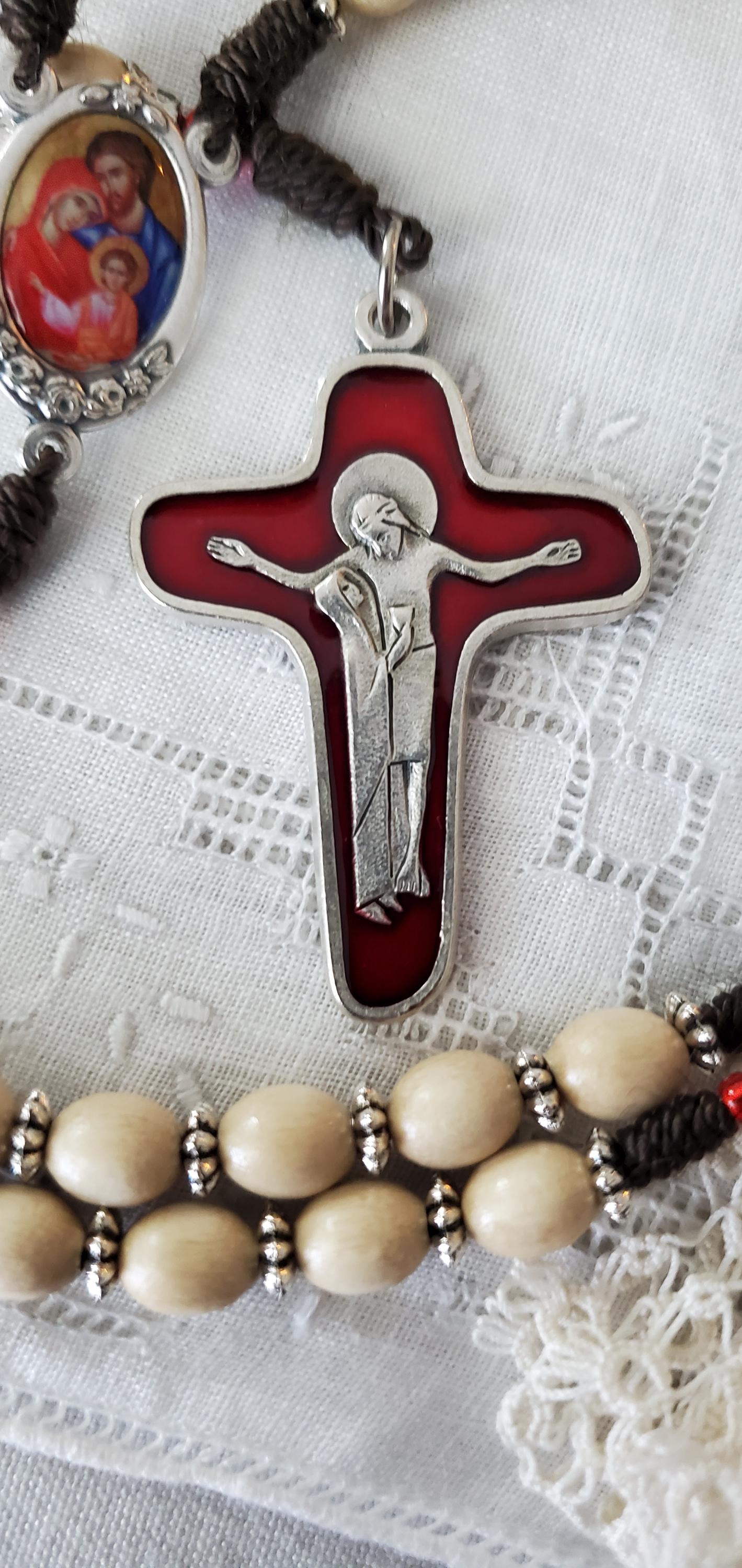 Hand-Knotted Catholic Rosary: Imported Italian Wood Beads, Holy Family Centerpiece and Enamel Mary at the Cross Crucifix prayer card
