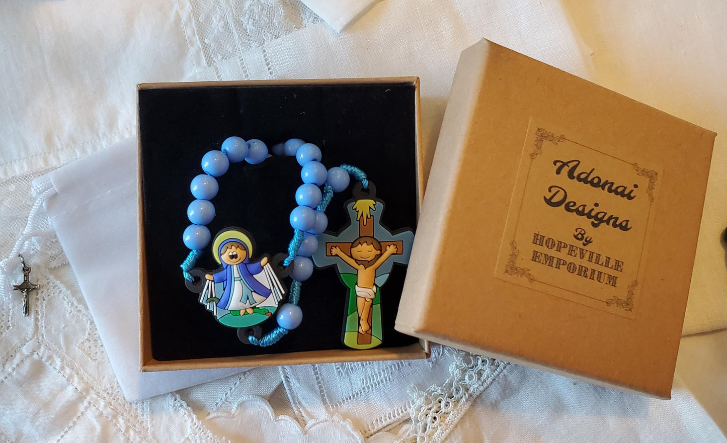 Children's Our Lady of Grace Rosary Gift Set: Catholic First Communion knotted rosary children's prayer card velvet bag with crucifix