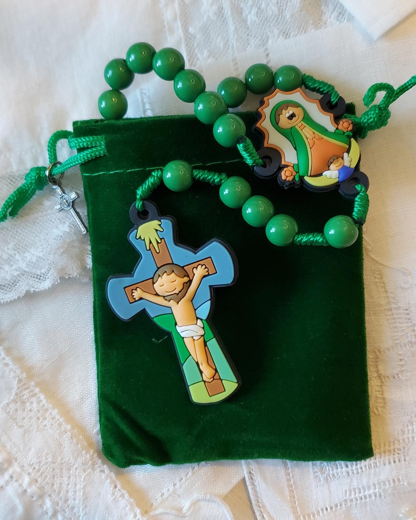 Children's Our Lady of Guadalupe Rosary Gift Set: Catholic First Communion knotted rosary children's prayer card velvet bag with crucifix