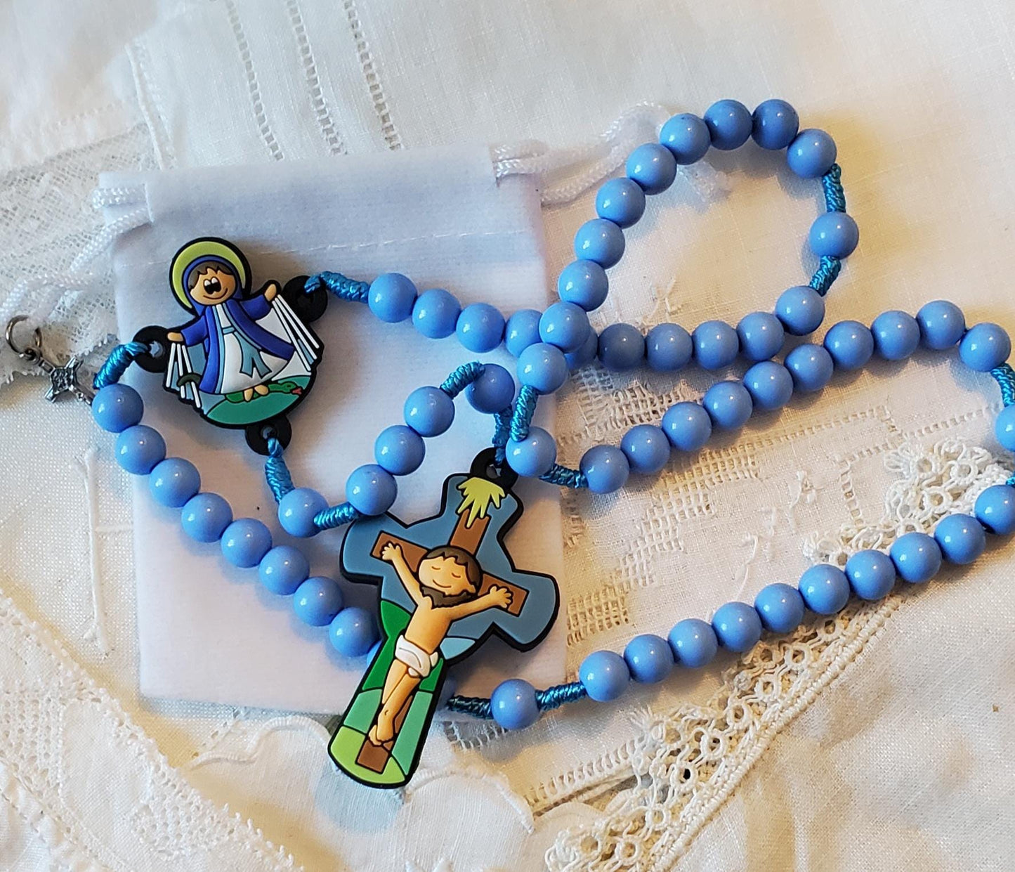 Children's Our Lady of Grace Rosary Gift Set: Catholic First Communion knotted rosary children's prayer card velvet bag with crucifix