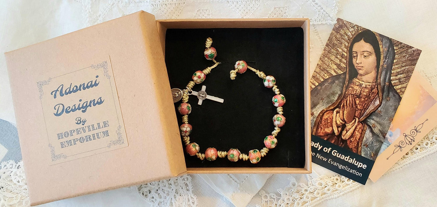 Hand-Knotted Rosary Bracelet Cloisonne Beads, Our Lady of Guadalupe Divine Mercy Medal, St. Benedict Crucifix prayer card