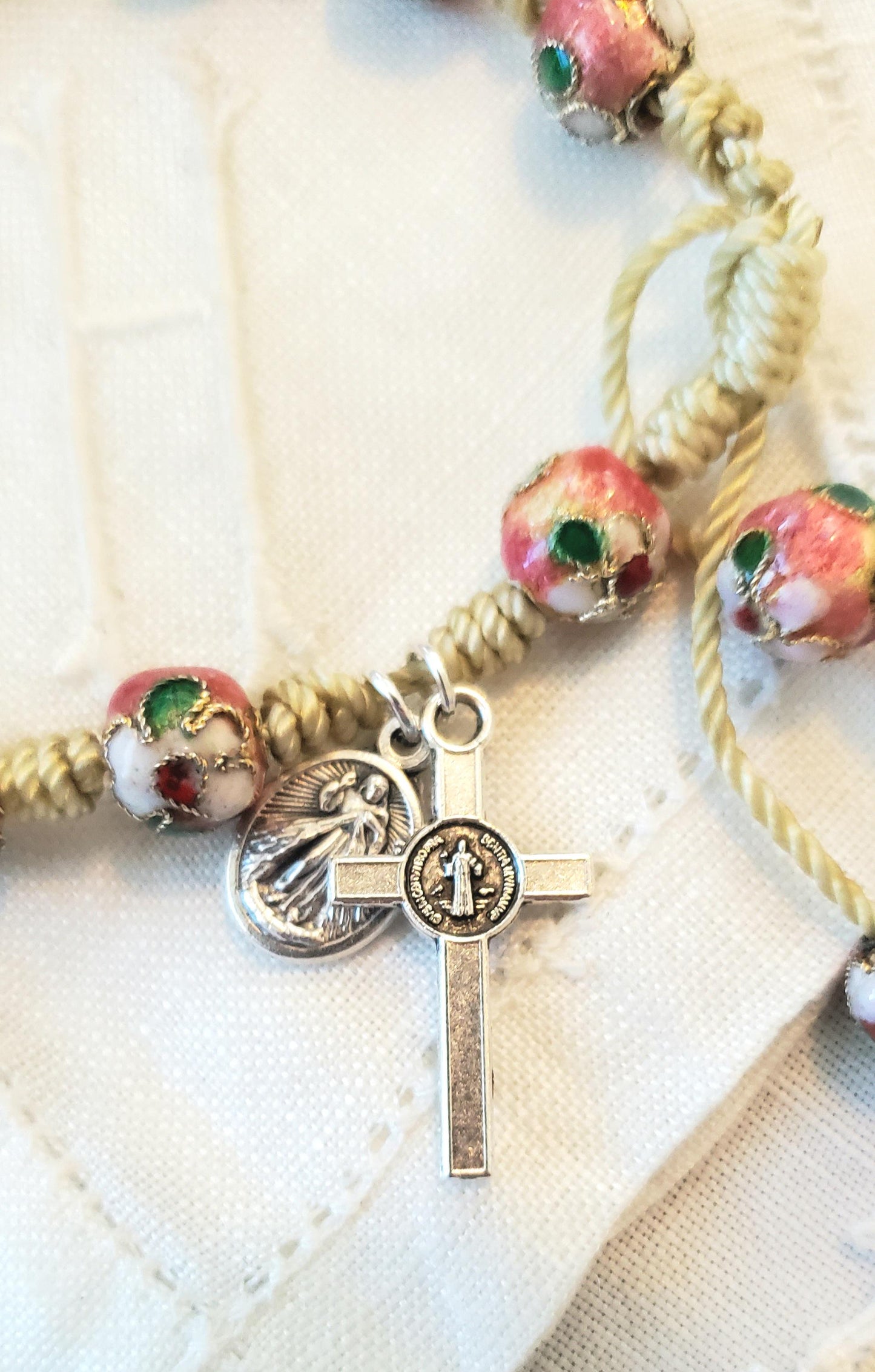 Hand-Knotted Rosary Bracelet Cloisonne Beads, Our Lady of Guadalupe Divine Mercy Medal, St. Benedict Crucifix prayer card