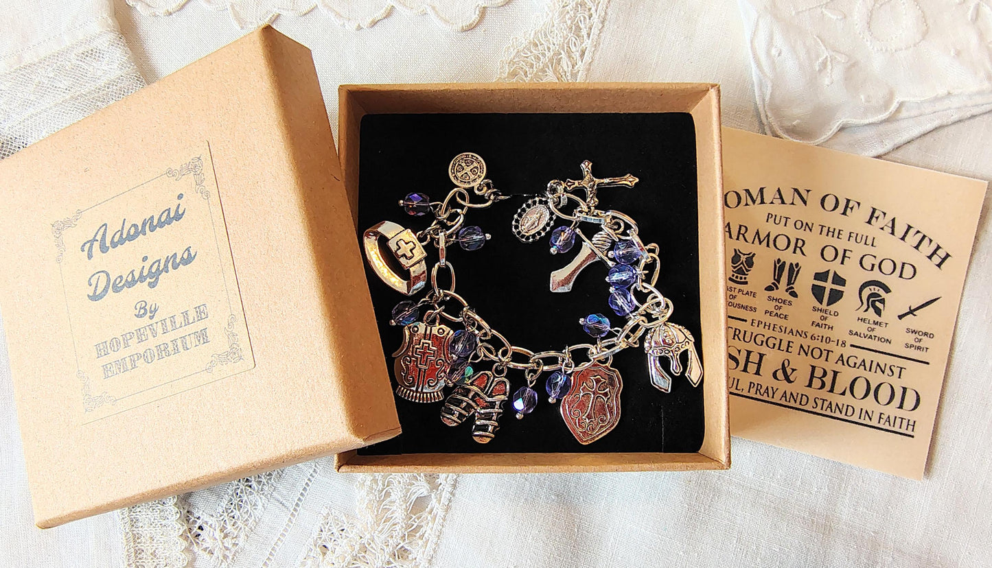 Armor of God Charm Bracelet: Catholic Miraculous Medal, Czech Crystal Beads in 17 options Miraculous Medal, Saint Benedict Medal, Crucifix