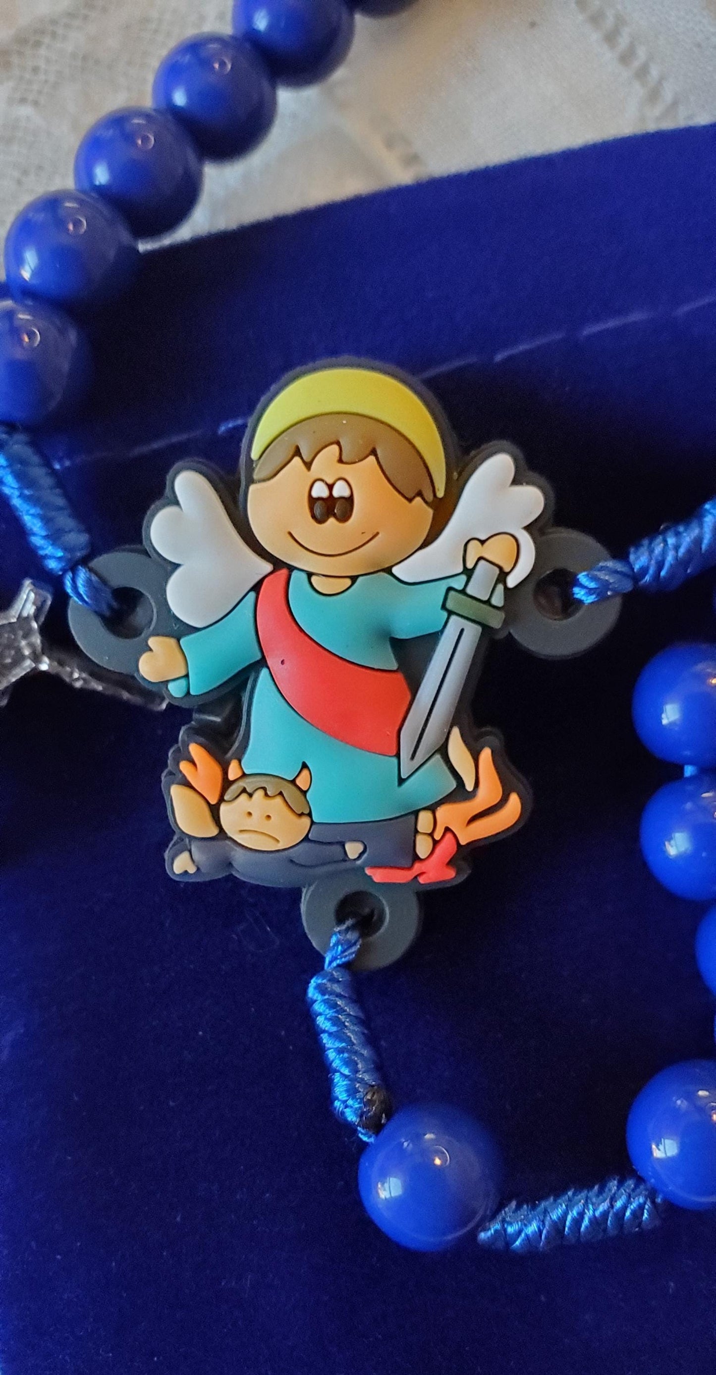 Children's Saint Michael Archangel Rosary Gift Set: Catholic First Communion knotted rosary children's prayer card velvet bag with crucifix