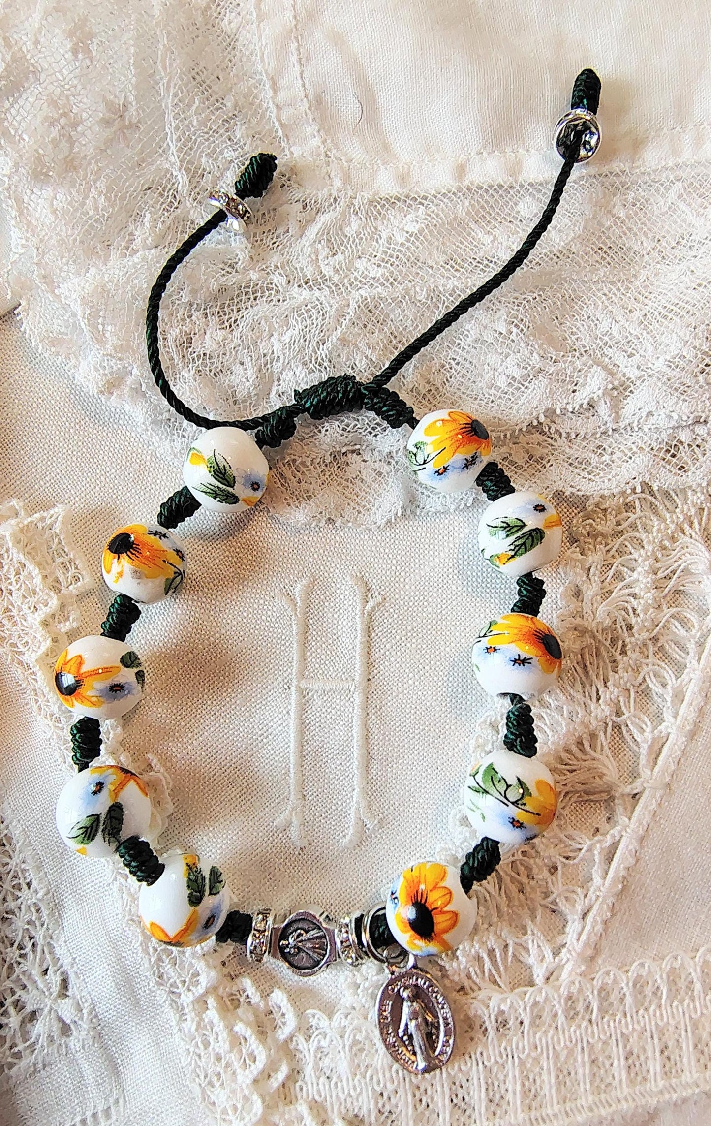 Sunflower Rosary Bracelet Divine Mercy Medal, Catholic Gift Saint Julie Billiart handmade prayer card, Miraculous Medal Latin Crystal spacer