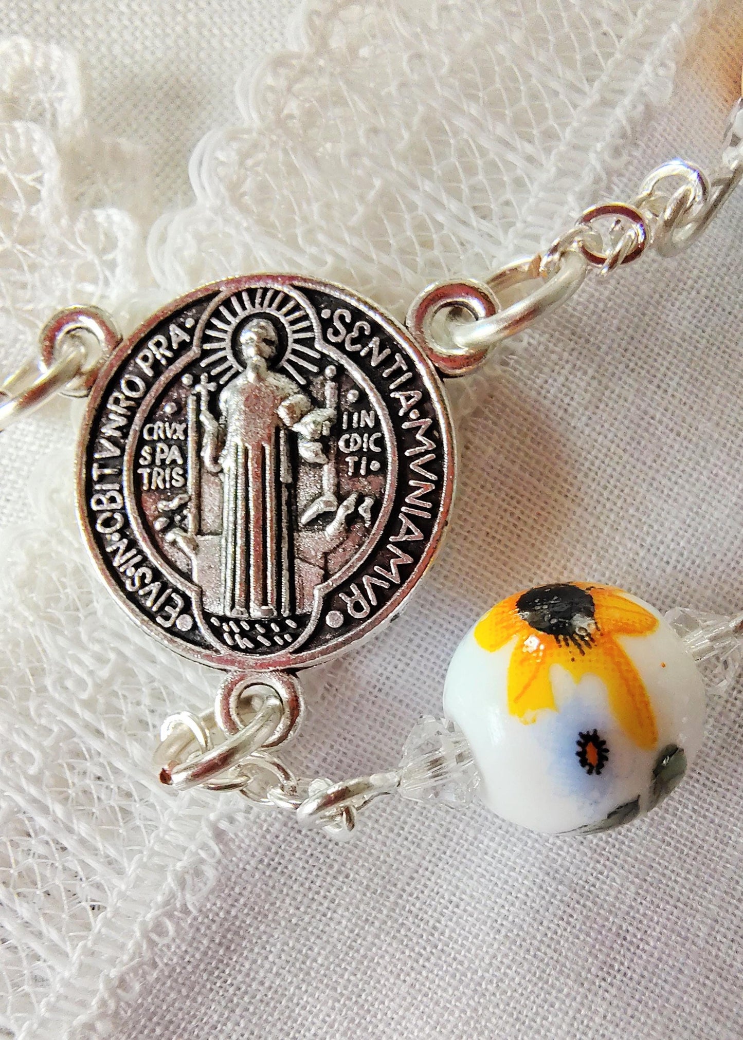 Saint Julie Billiart hand pinned Car Rosary Ceramic Sunflower Beads Fatima Medal Czech Crystal handmade prayer card sunburst flared Crucifix