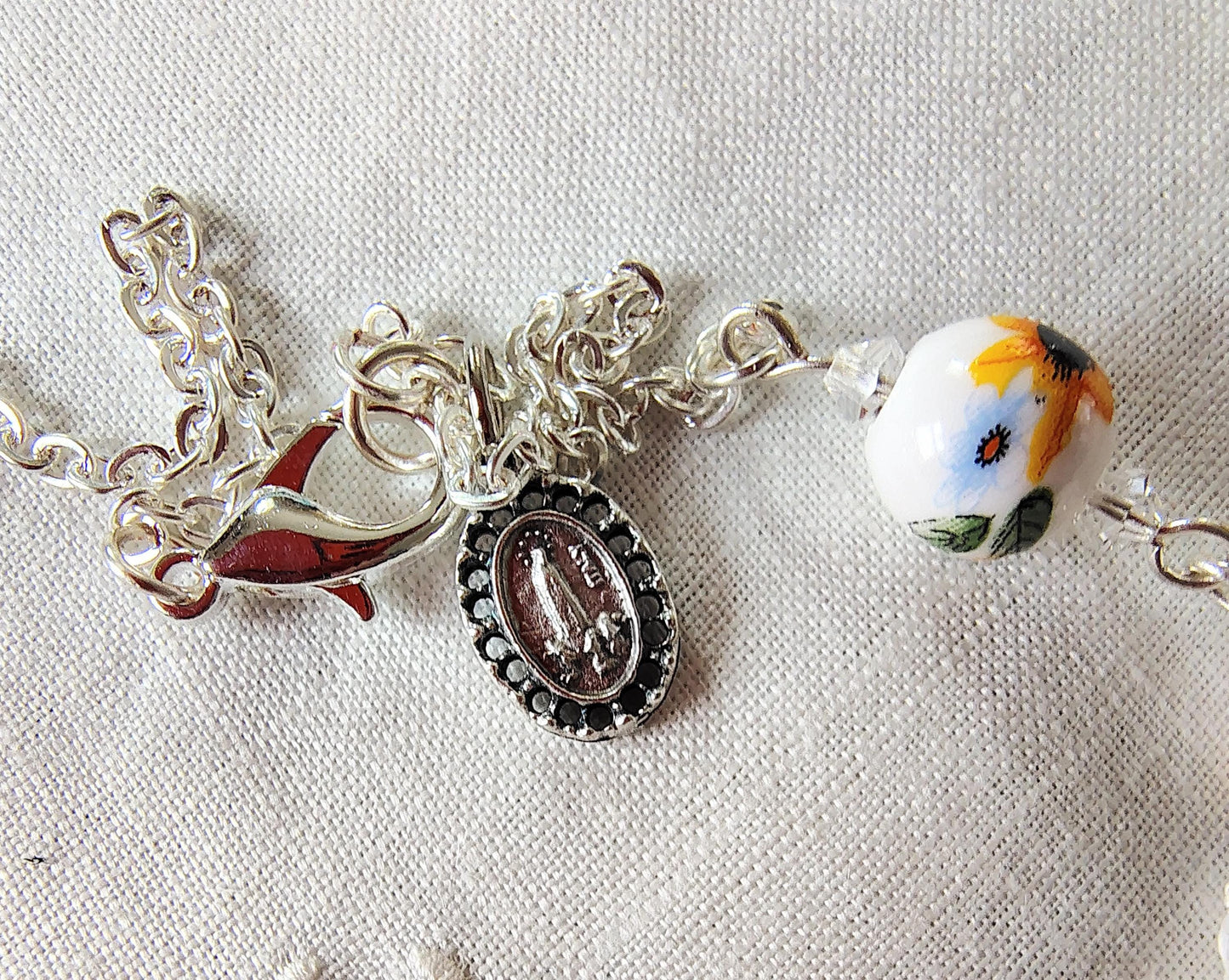 Saint Julie Billiart hand pinned Car Rosary Ceramic Sunflower Beads Fatima Medal Czech Crystal handmade prayer card sunburst flared Crucifix