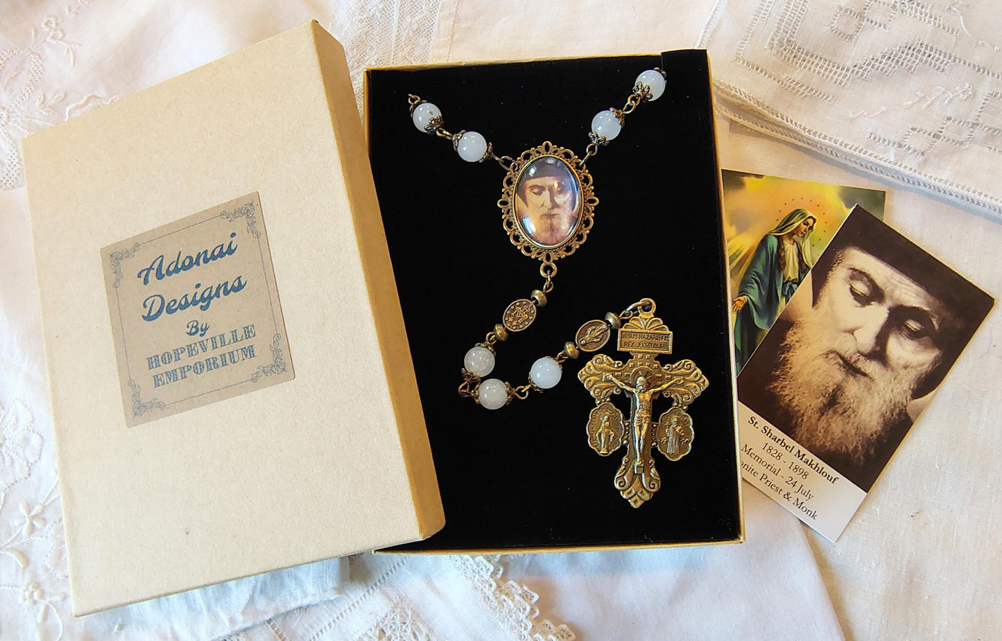 Saint Charbel Rosary White Jade Beads Bronze Tone accents gift packaged handmade Centerpiece with image of Saint Prayer Card