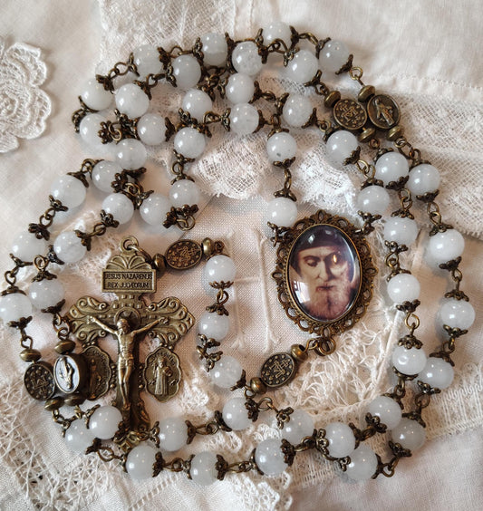 Saint Charbel Rosary White Jade Beads Bronze Tone accents gift packaged handmade Centerpiece with image of Saint Prayer Card