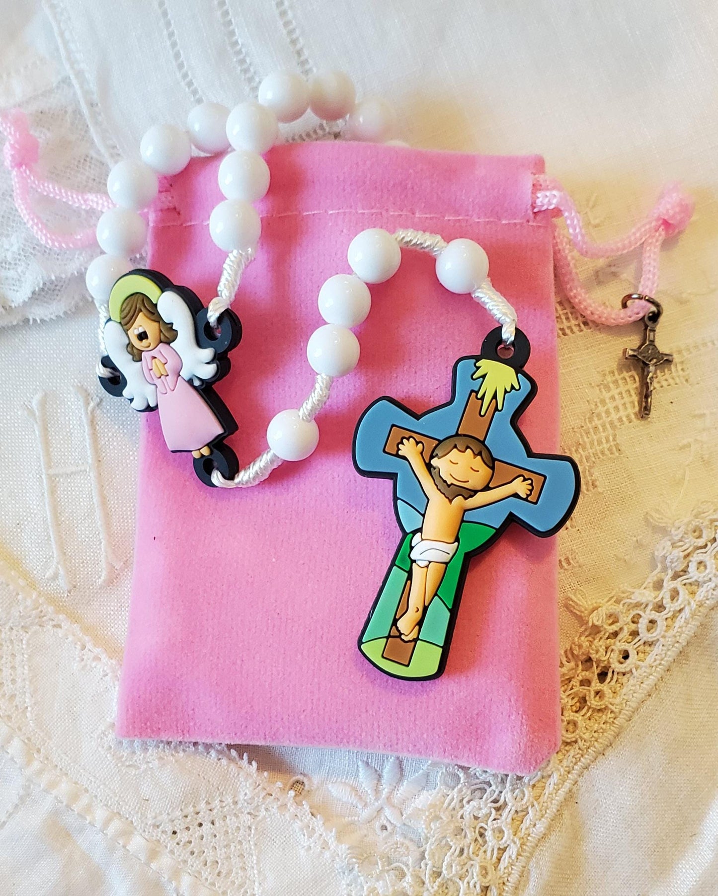 Children's Pink Guardian Angel Rosary Gift Set: Catholic First Communion knotted rosary children's prayer card velvet bag with crucifix, box