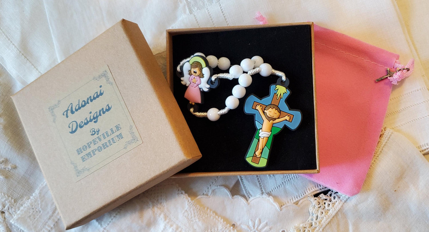 Children's Pink Guardian Angel Rosary Gift Set: Catholic First Communion knotted rosary children's prayer card velvet bag with crucifix, box